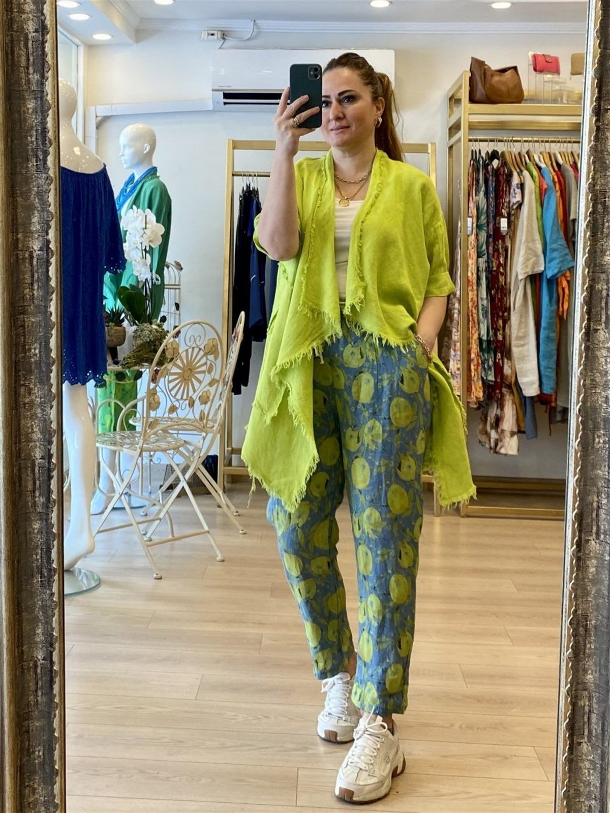 Püskül detaylı keten ceket neon yeşil