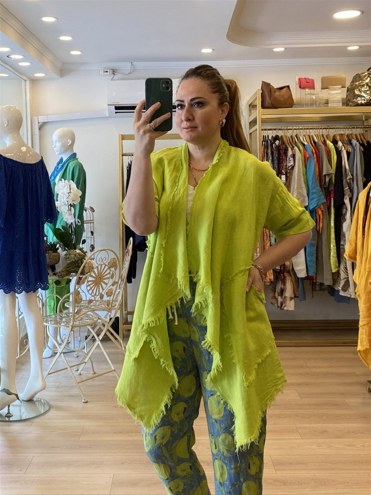 Püskül detaylı keten ceket neon yeşil