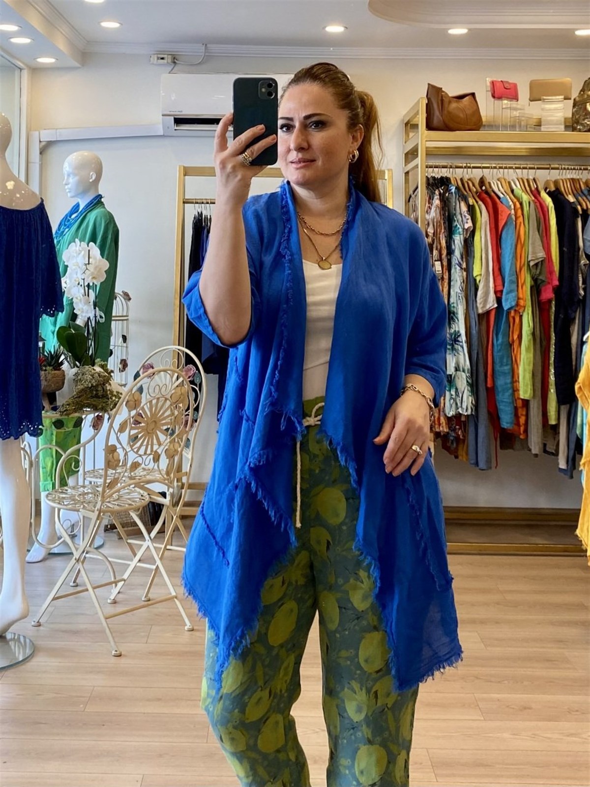 Püskül detaylı keten ceket sax mavi