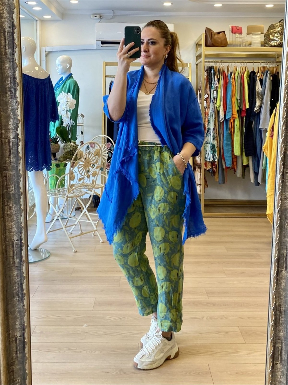 Püskül detaylı keten ceket sax mavi