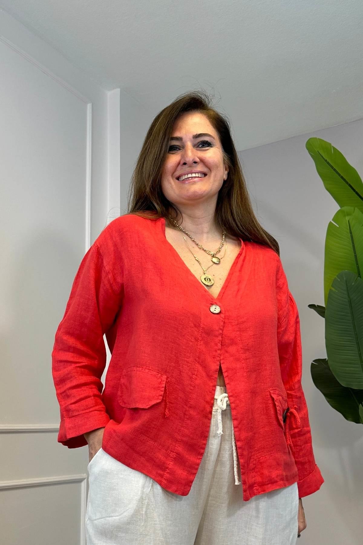 Püskül Detaylı Tek Düğmeli Ceket Kırmızı