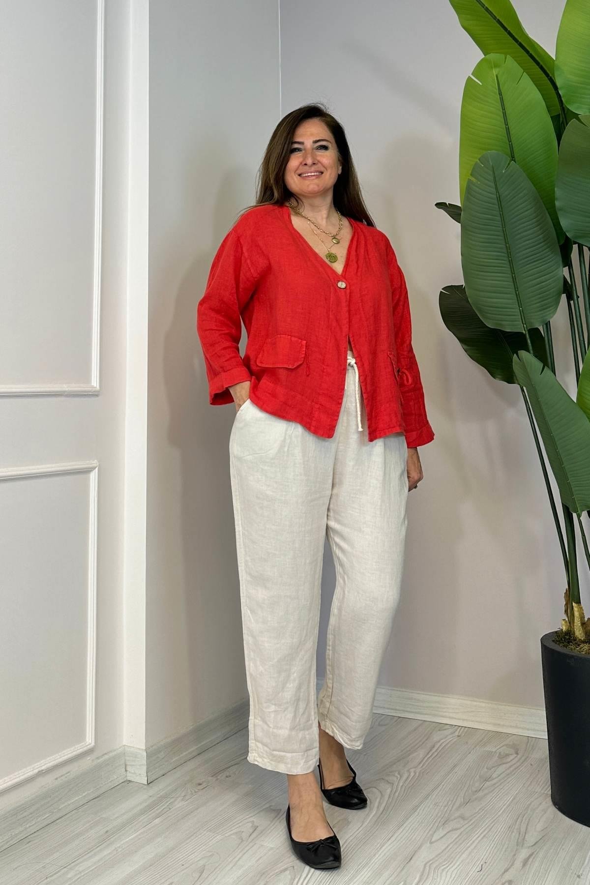 Püskül Detaylı Tek Düğmeli Ceket Kırmızı