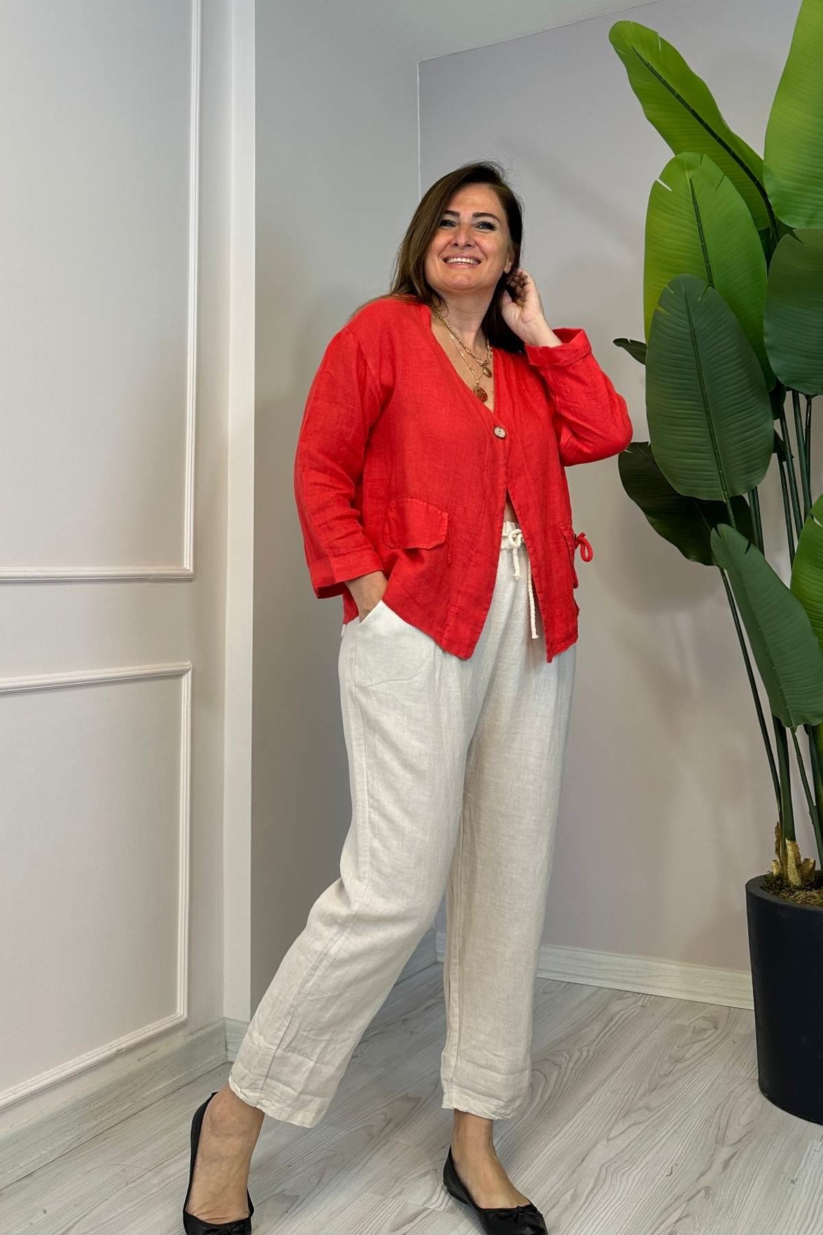 Püskül Detaylı Tek Düğmeli Ceket Kırmızı