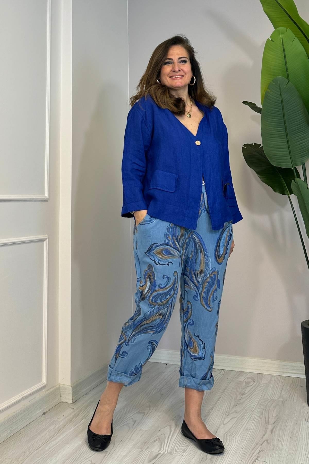 Püskül Detaylı Tek Düğmeli Ceket Mavi