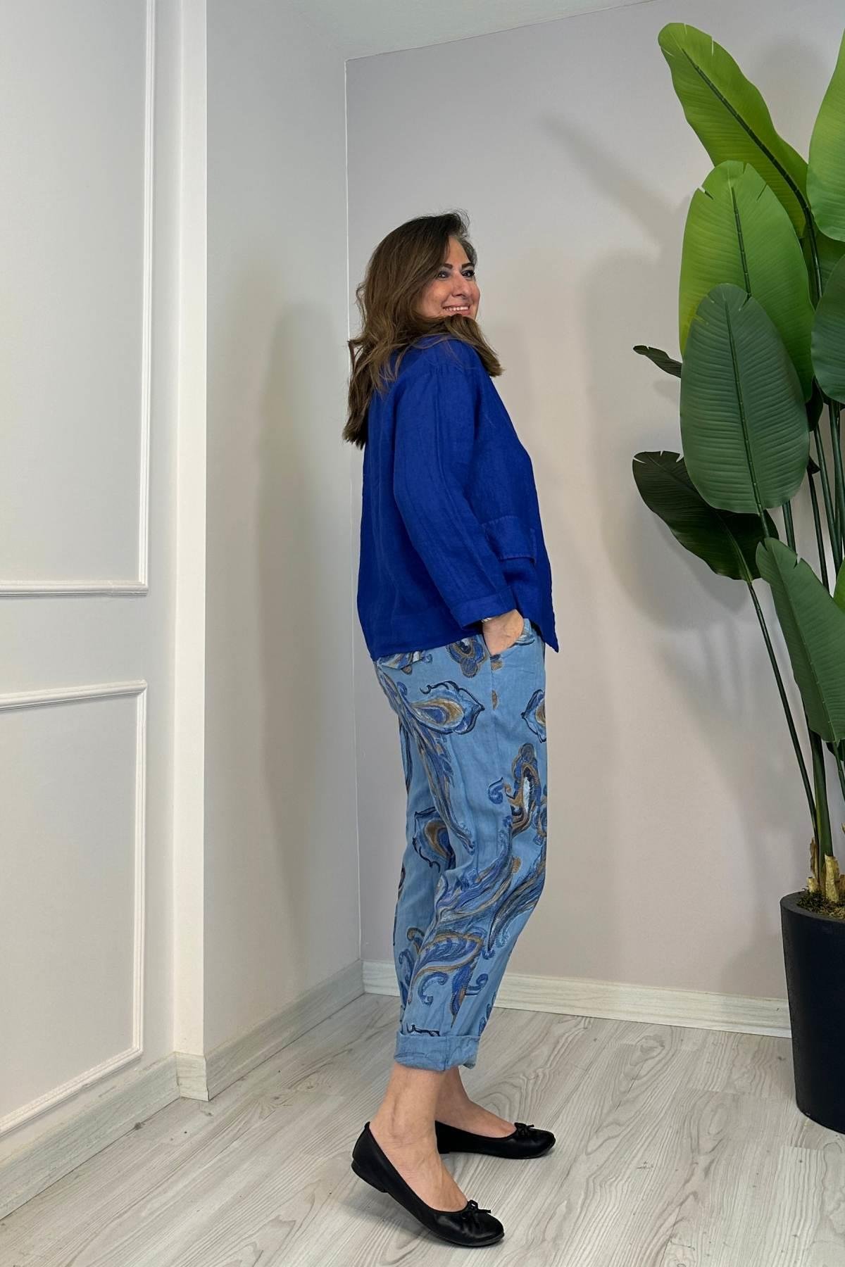 Püskül Detaylı Tek Düğmeli Ceket Mavi