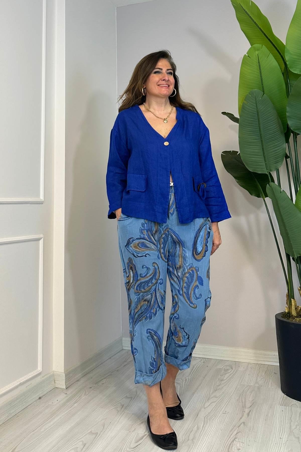 Püskül Detaylı Tek Düğmeli Ceket Mavi