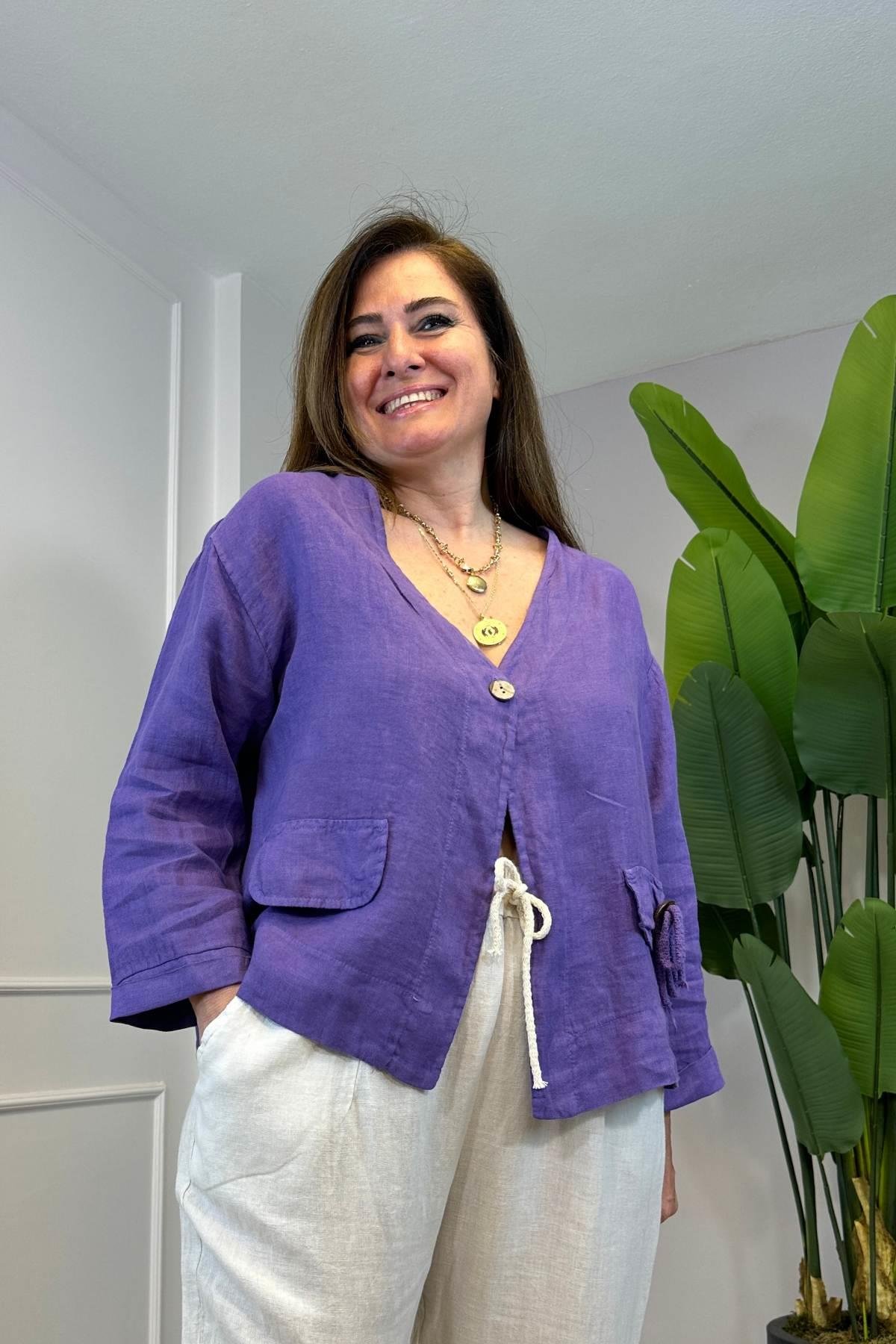 Püskül Detaylı Tek Düğmeli Ceket Mor