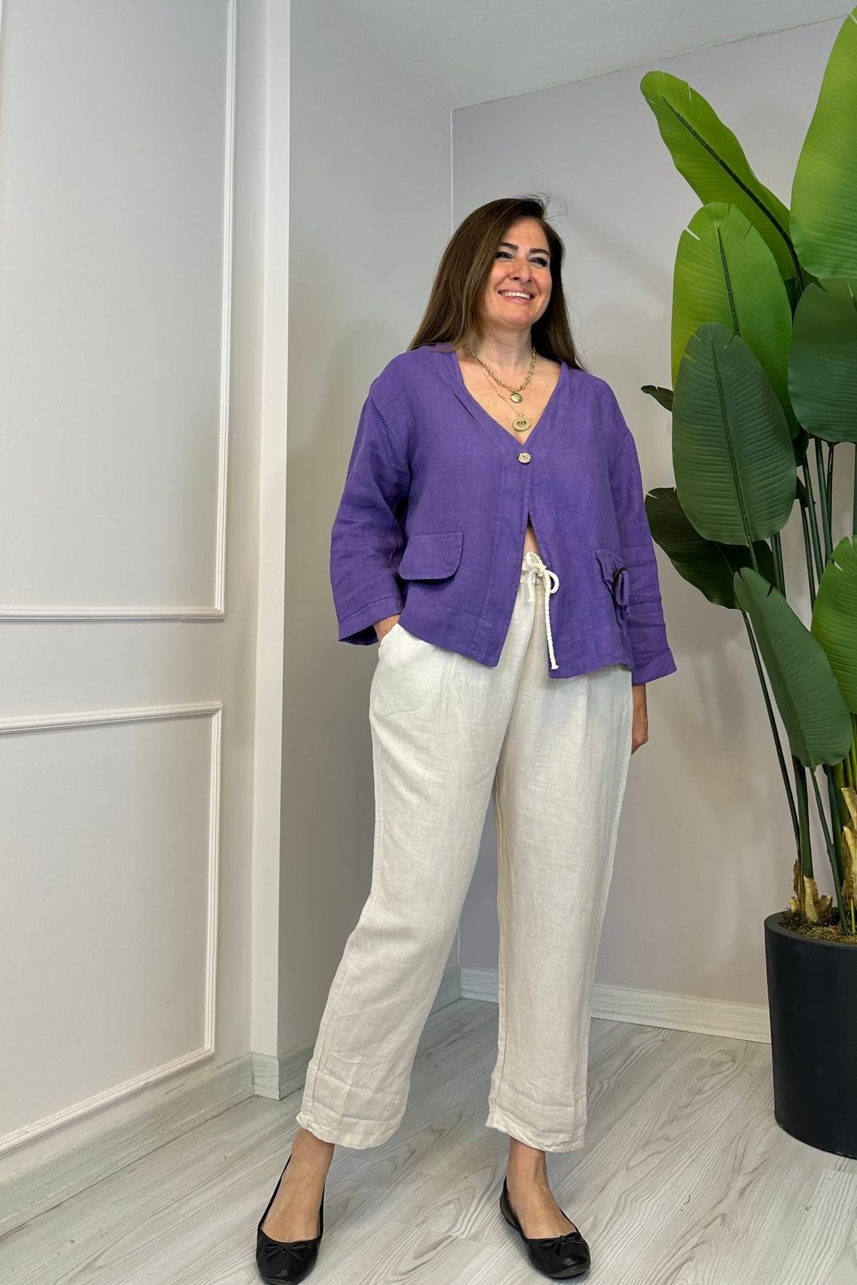 Püskül Detaylı Tek Düğmeli Ceket Mor