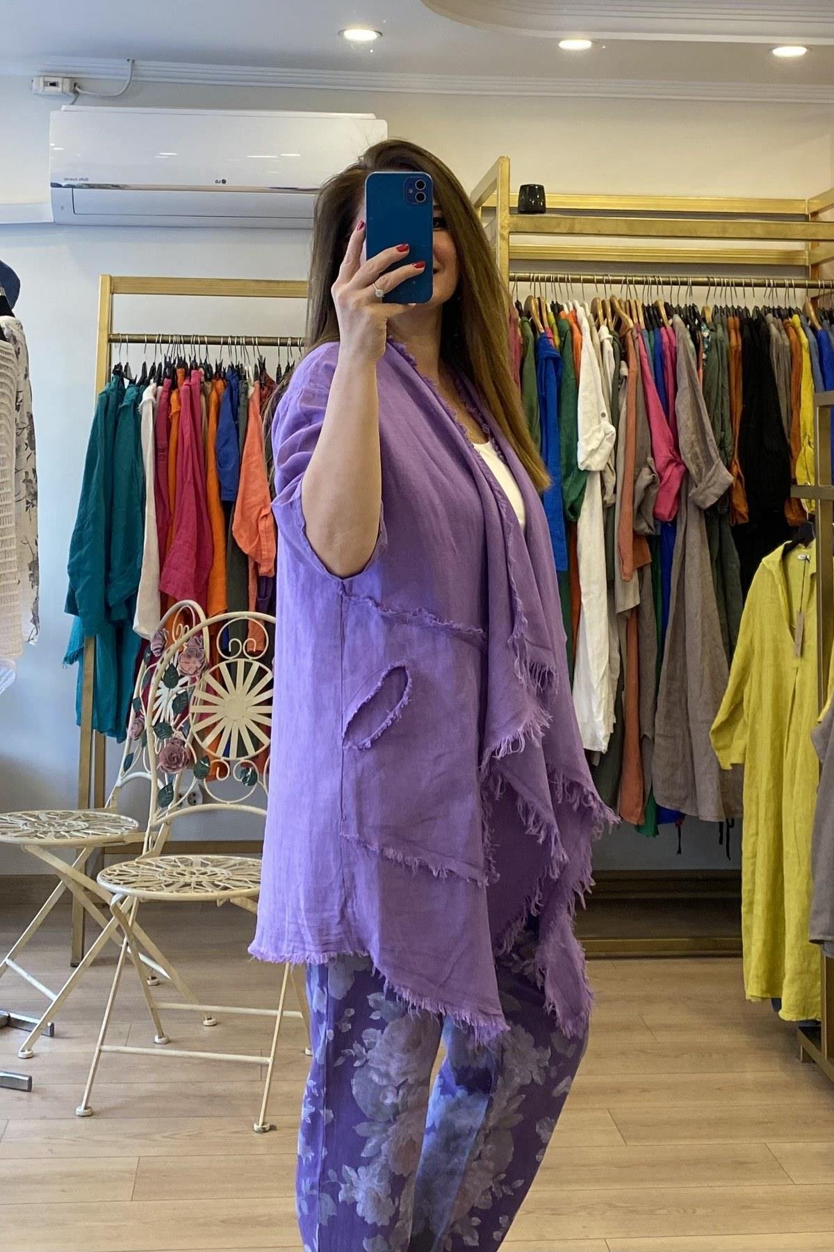 Püskül Keten Ceket Mor