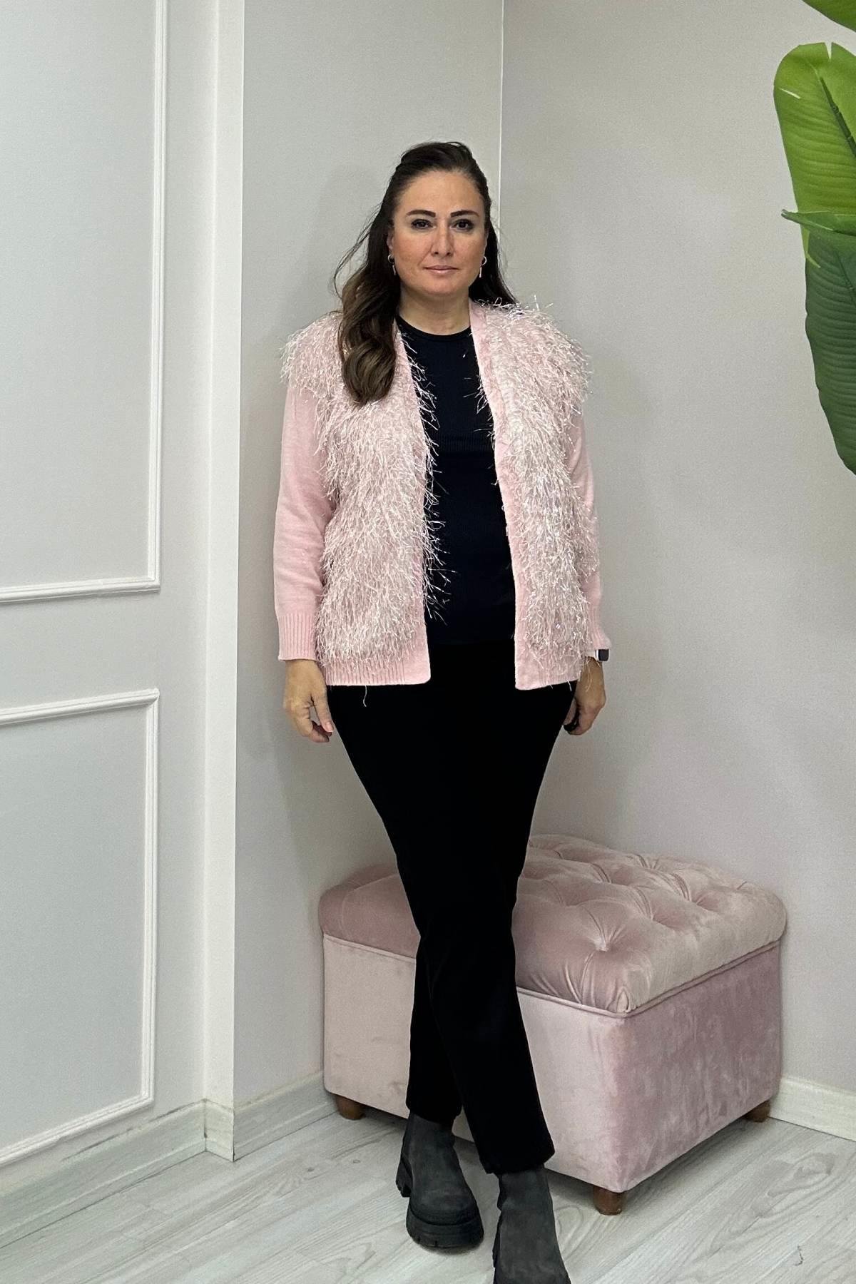 Püskül Parlak İp Detaylı Triko Ceket Pembe