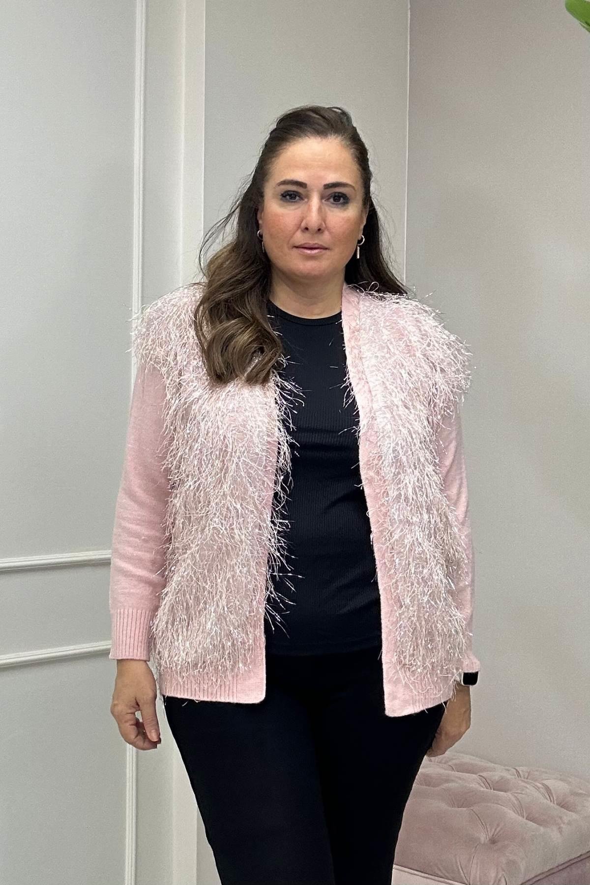 Püskül Parlak İp Detaylı Triko Ceket Pembe