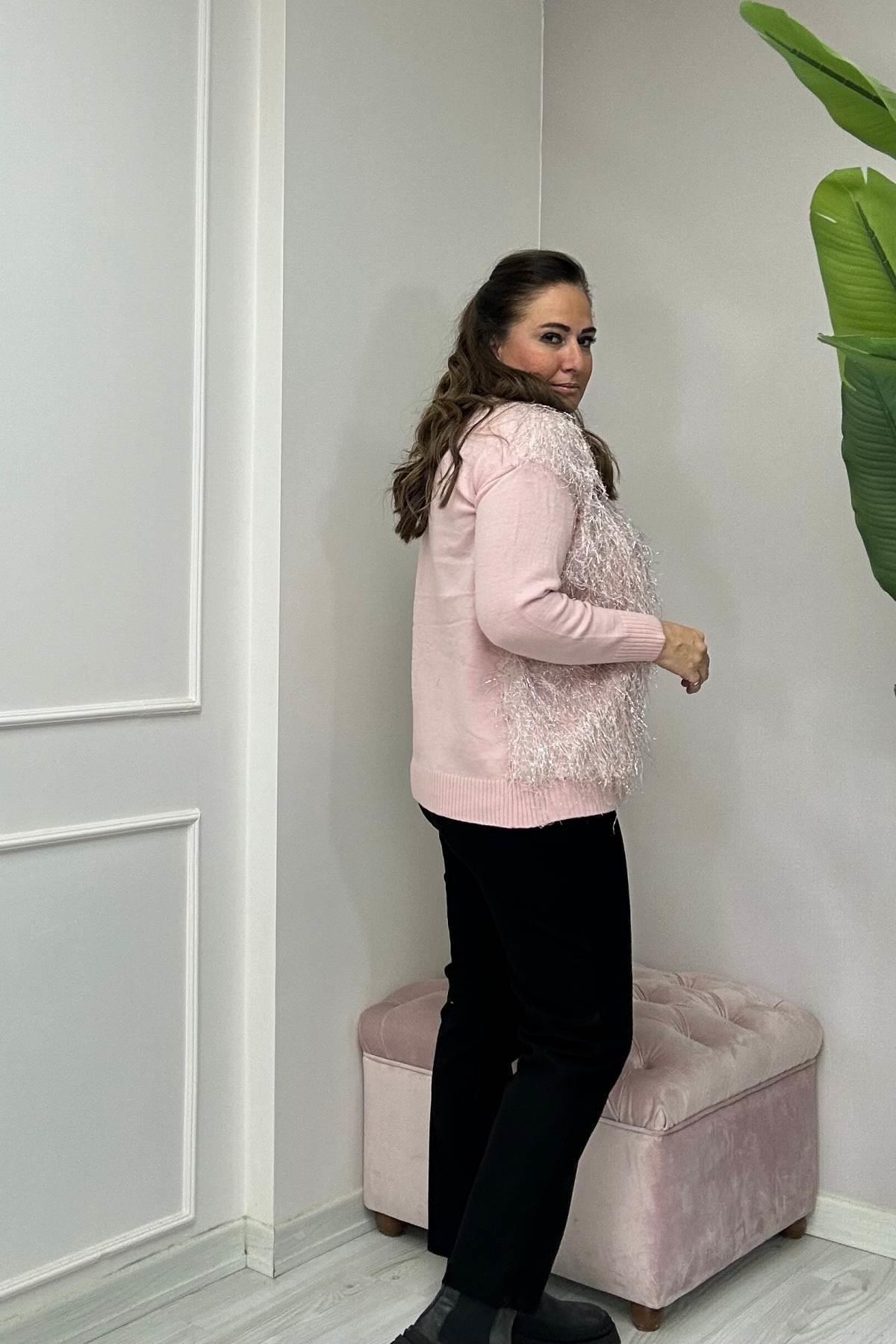 Püskül Parlak İp Detaylı Triko Ceket Pembe