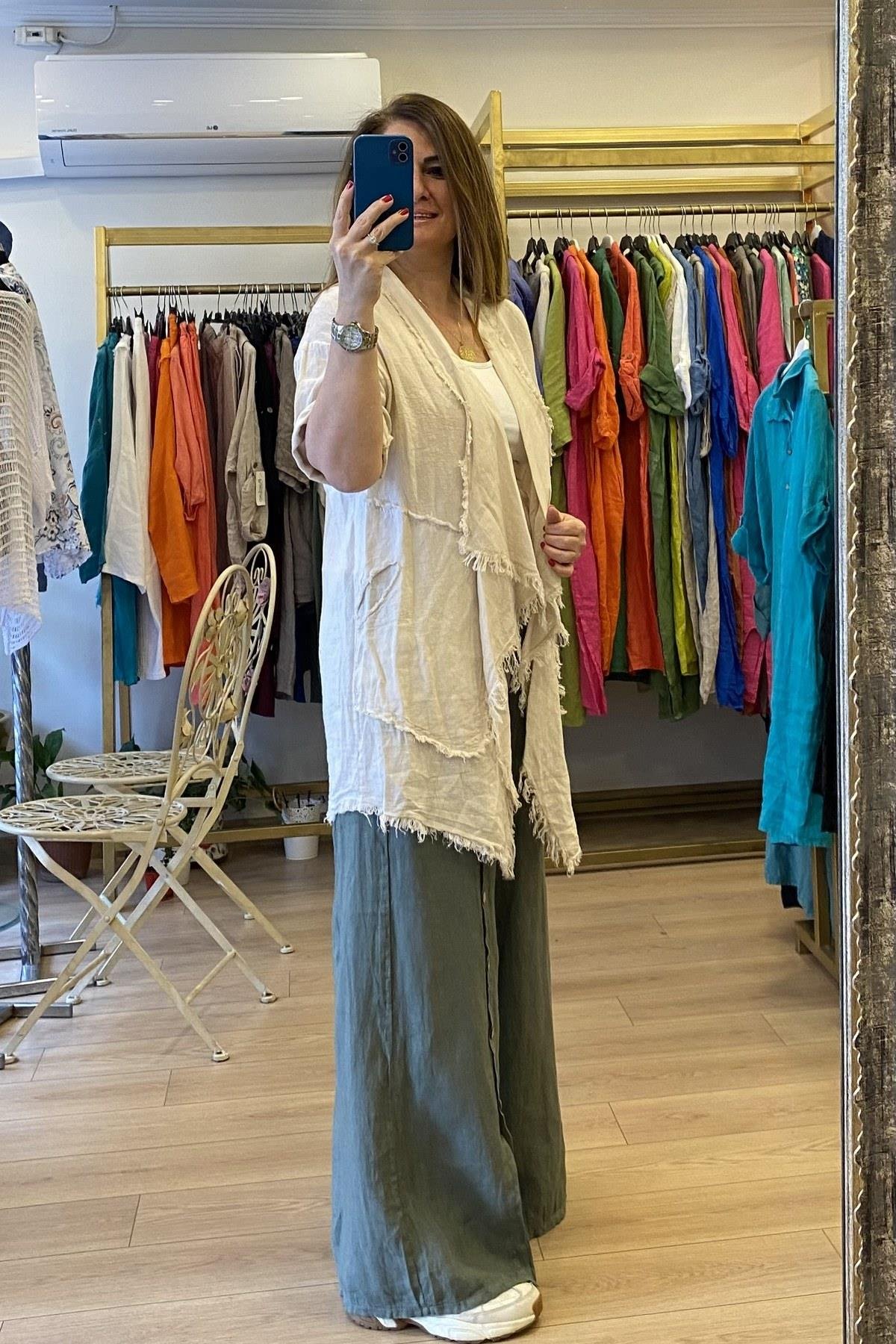 Püsküllü Keten Ceket Bej