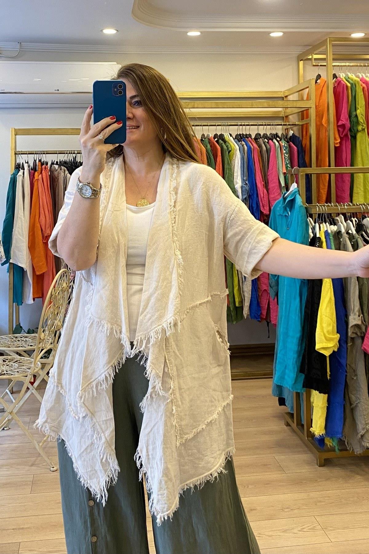 Püsküllü Keten Ceket Bej