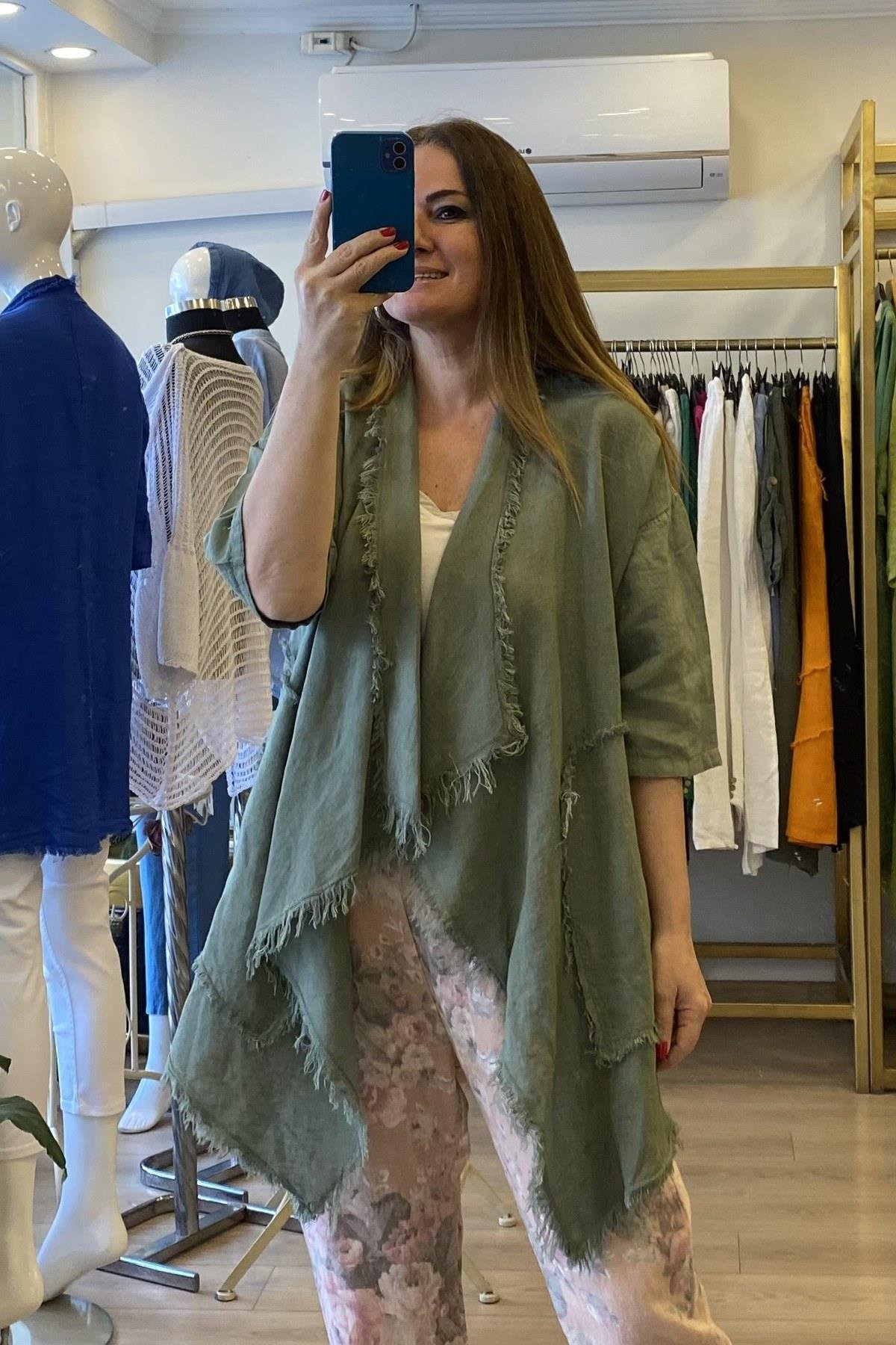 Püsküllü Keten Ceket Haki Yeşil