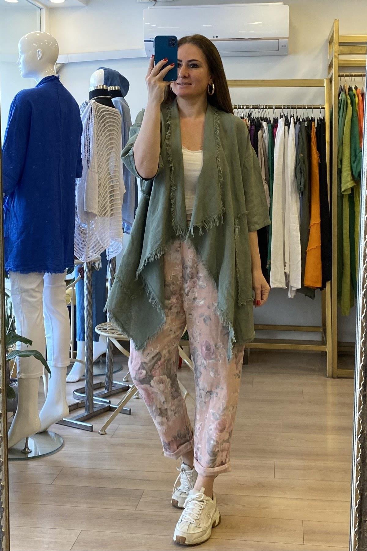 Püsküllü Keten Ceket Haki Yeşil