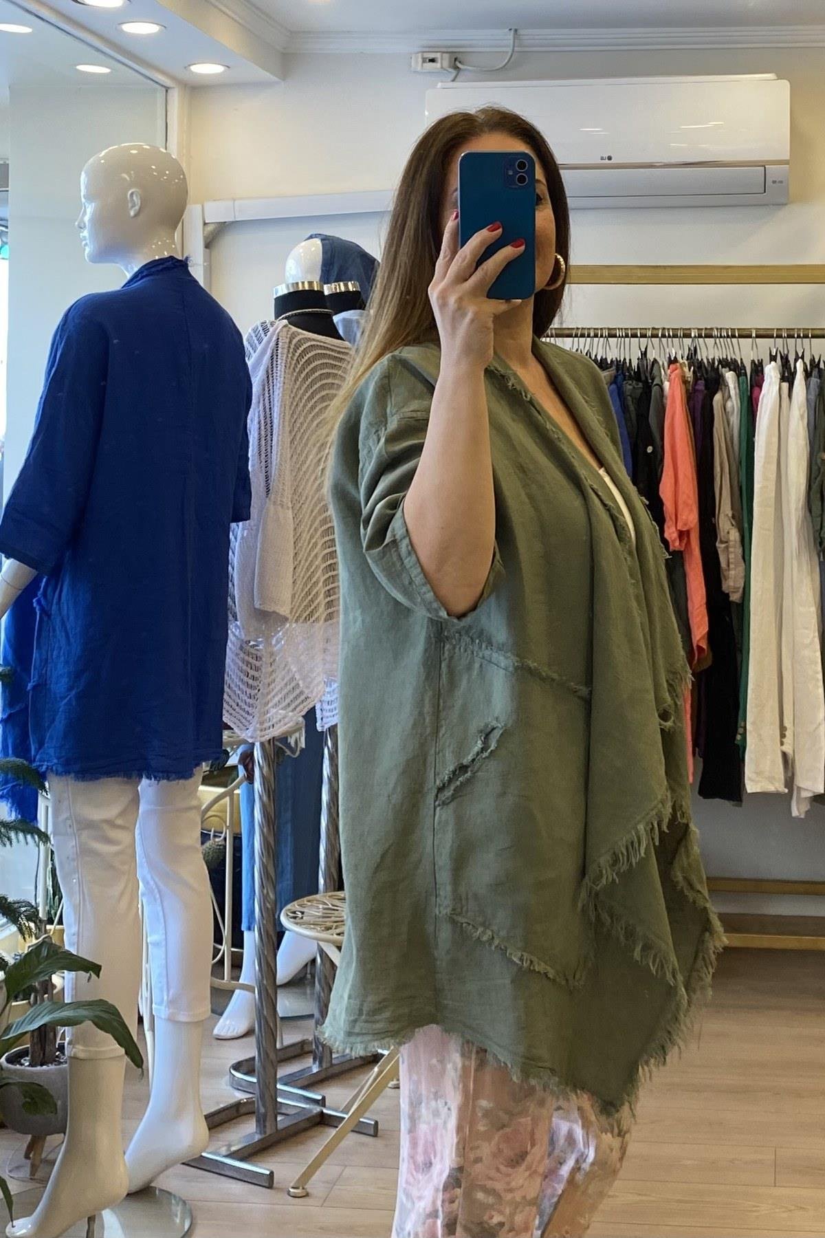 Püsküllü Keten Ceket Haki Yeşil