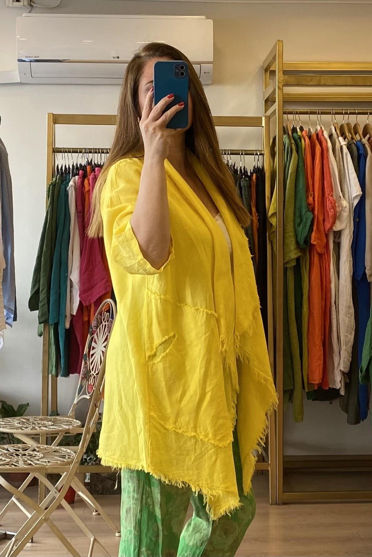 Püsküllü Keten Ceket Sarı