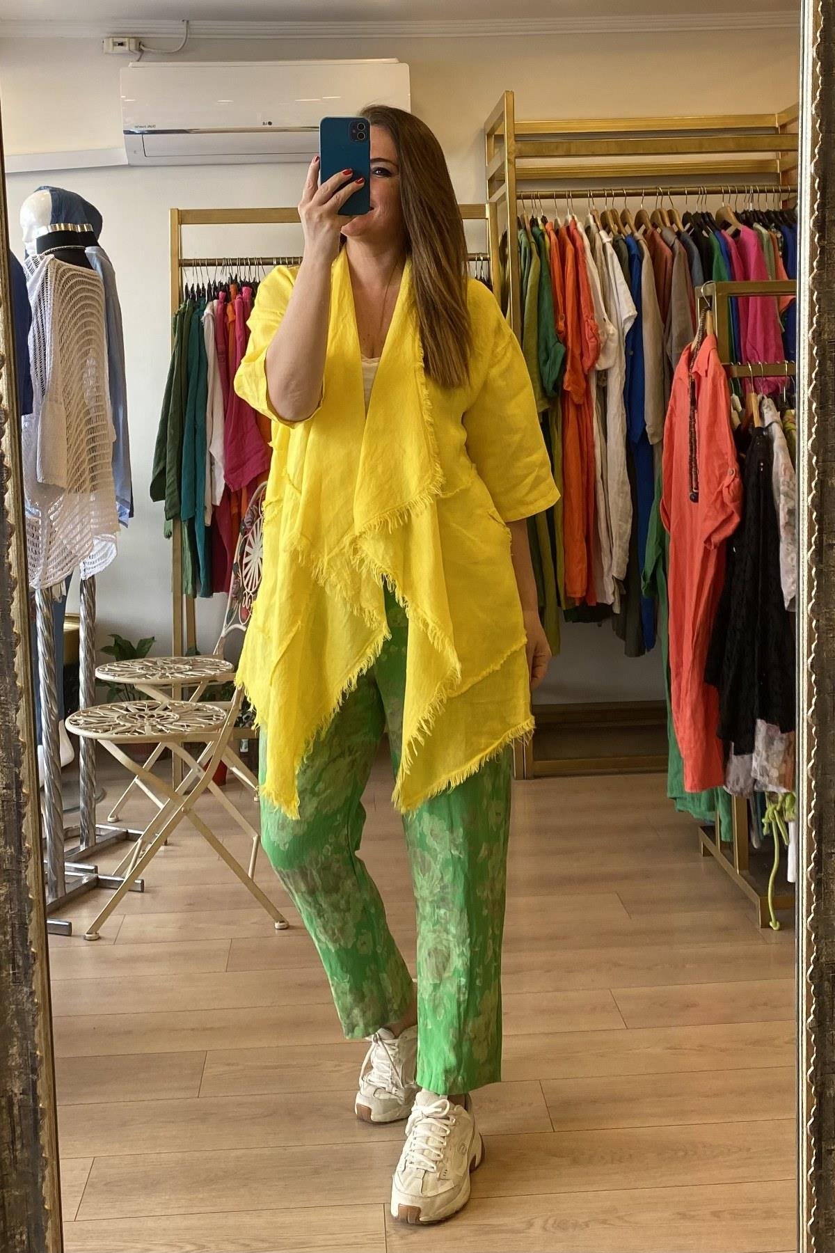 Püsküllü Keten Ceket Sarı