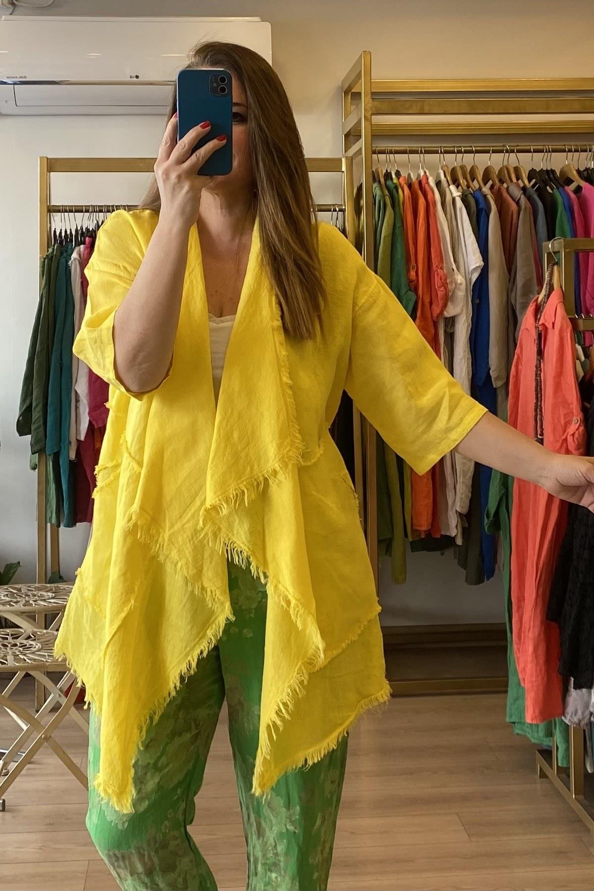 Püsküllü Keten Ceket Sarı