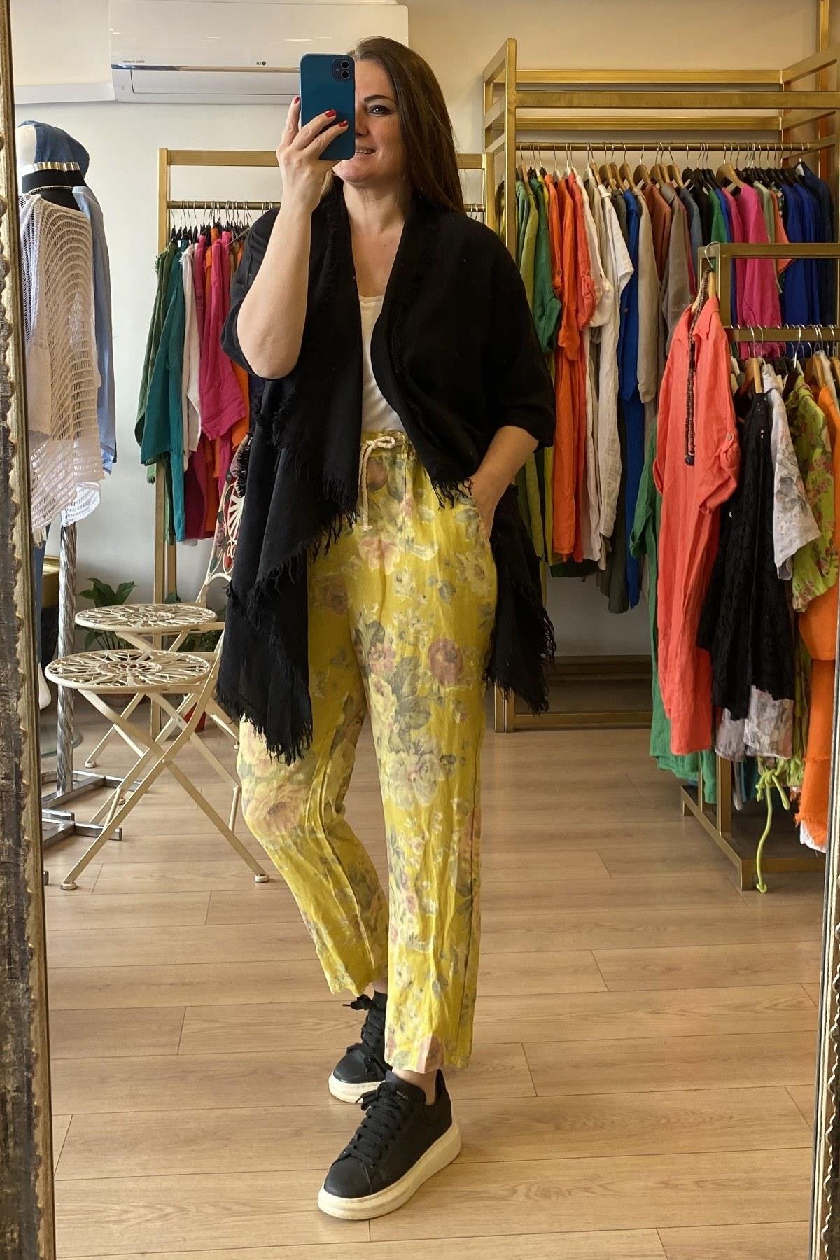 Püsküllü Keten Ceket Siyah