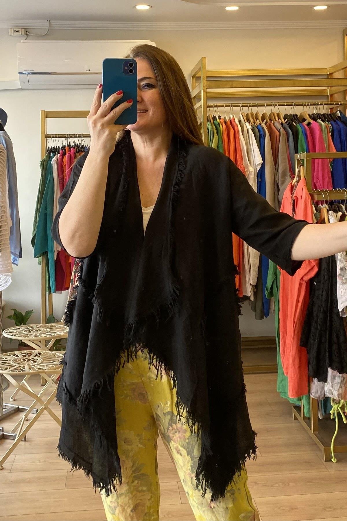 Püsküllü Keten Ceket Siyah