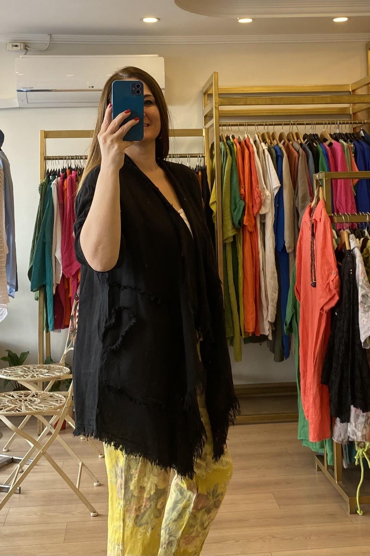 Püsküllü Keten Ceket Siyah