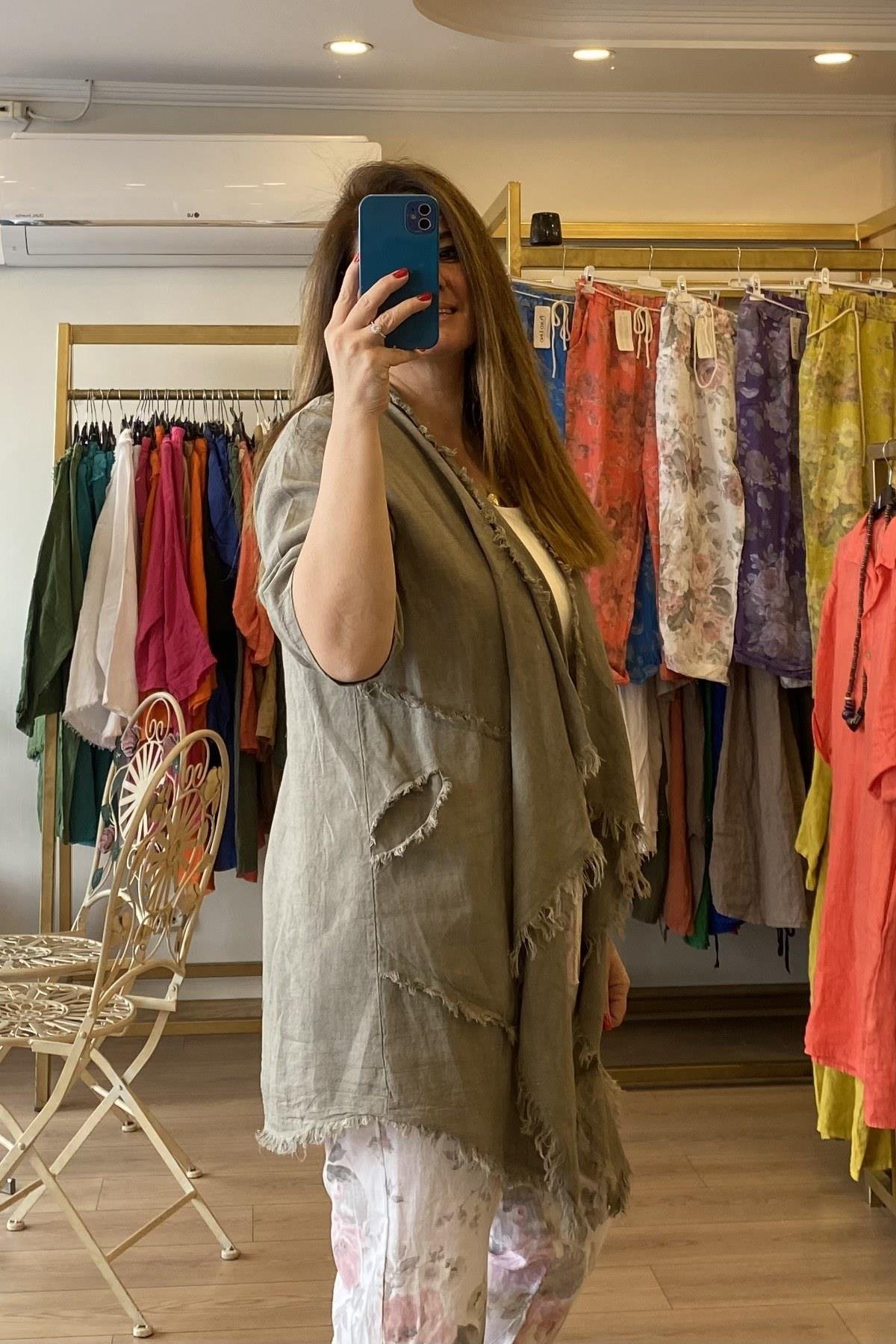 Püsküllü Keten Ceket Taş Rengi