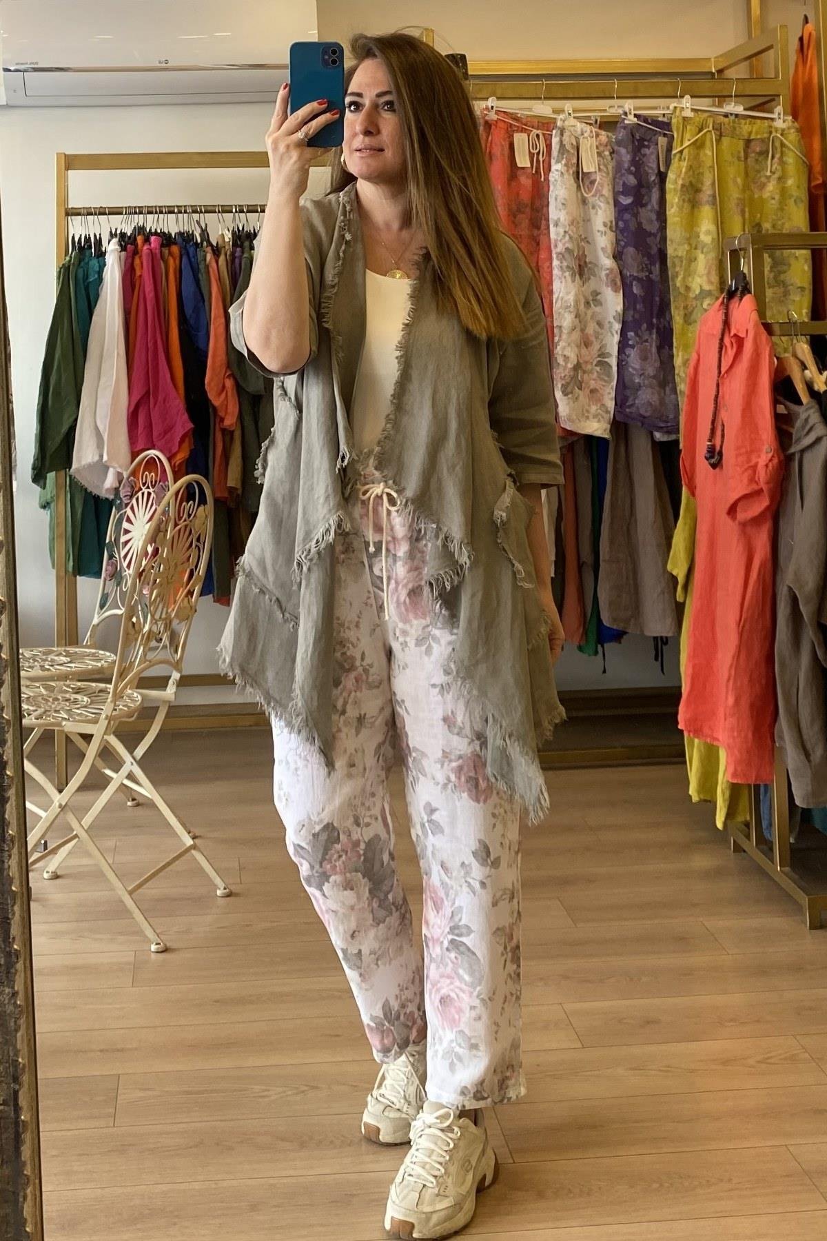 Püsküllü Keten Ceket Taş Rengi