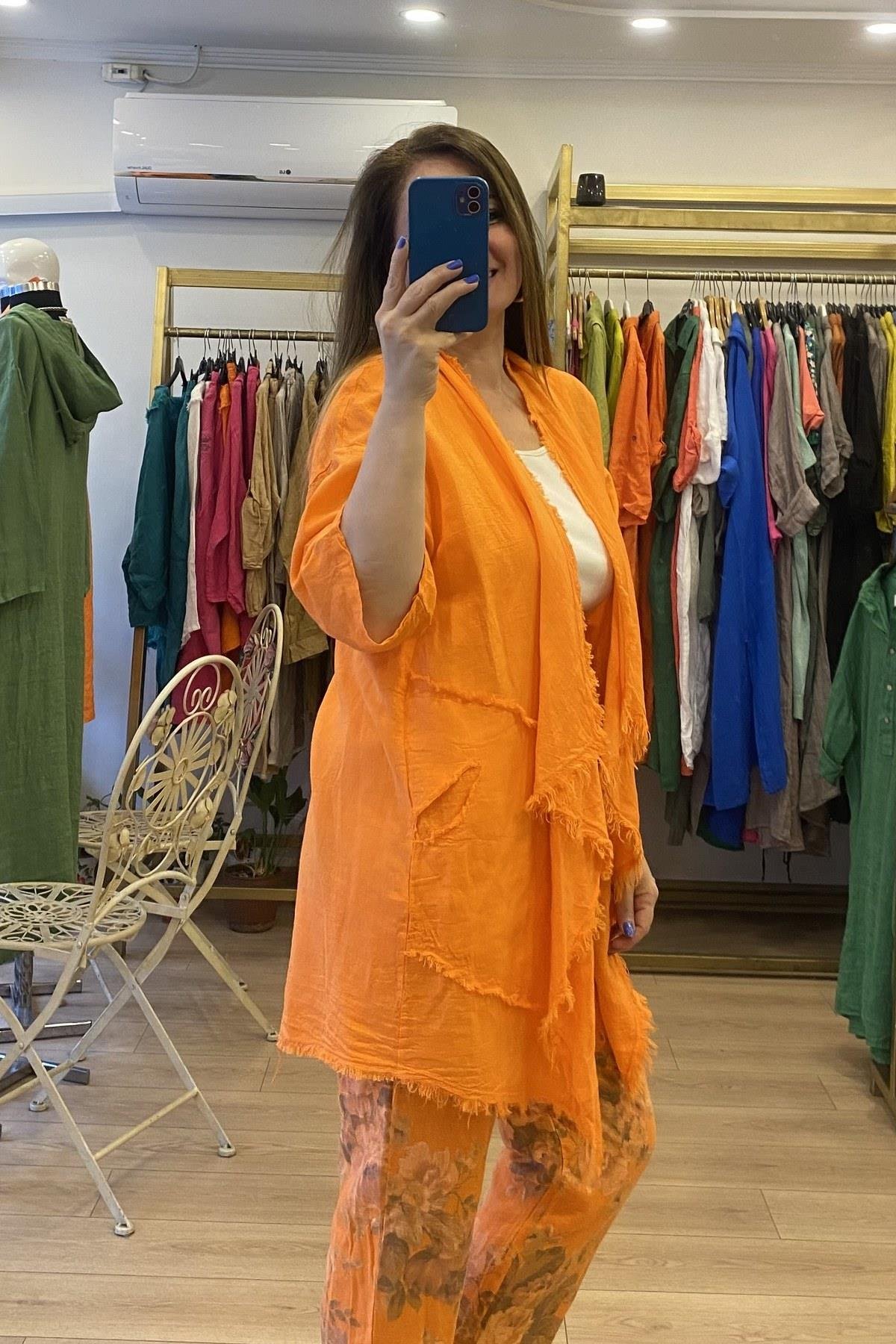 Püsküllü Keten Ceket Turuncu