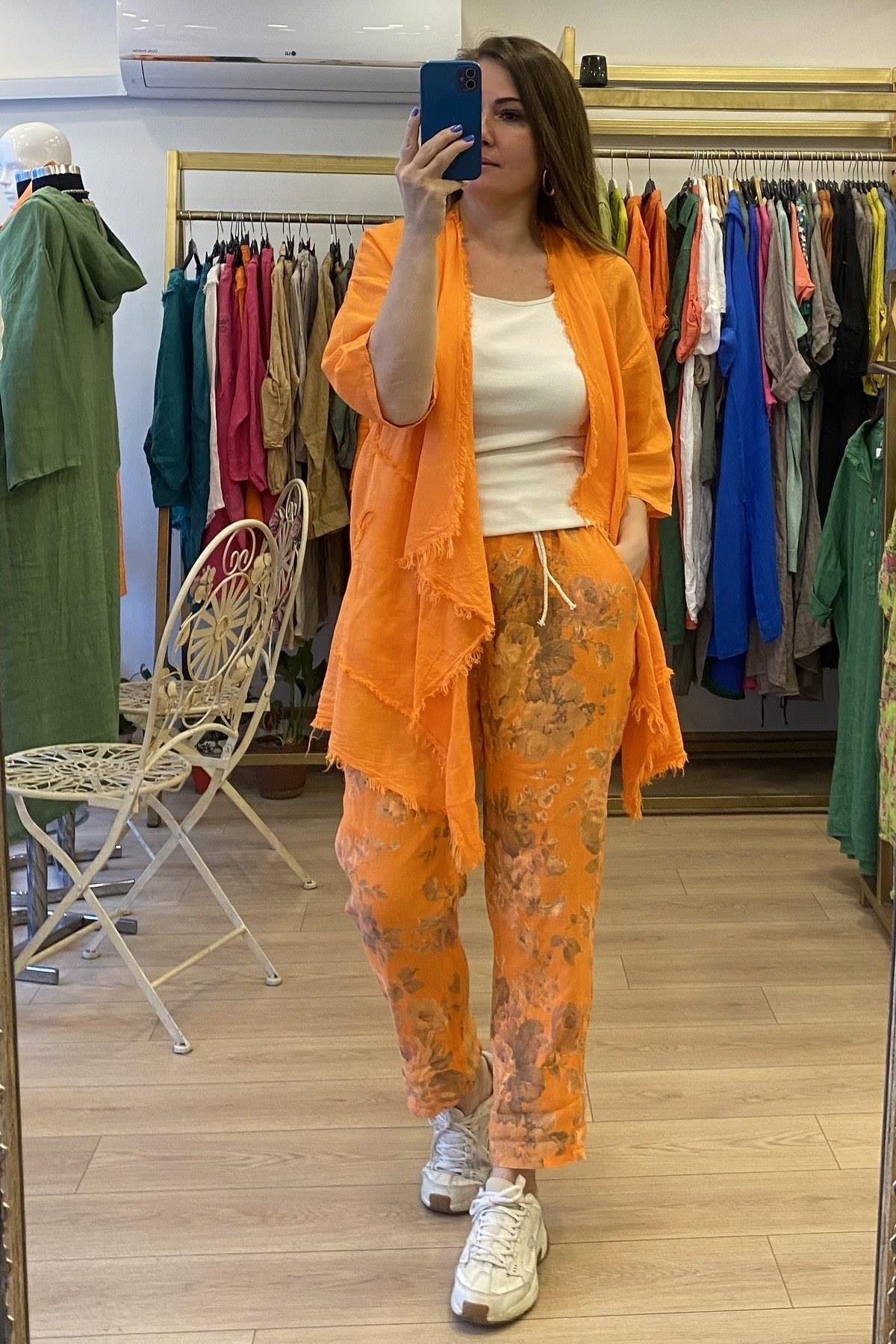 Püsküllü Keten Ceket Turuncu