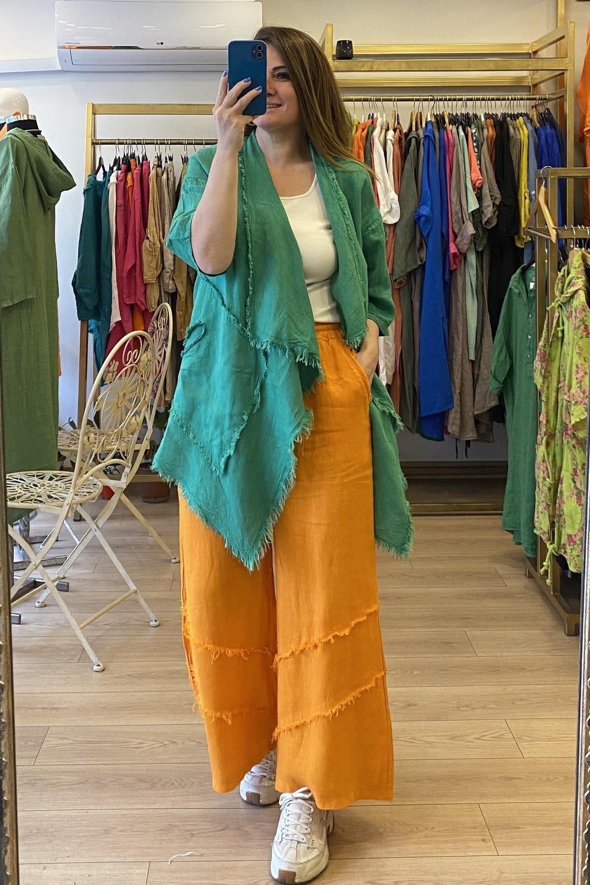 Püsküllü Keten Ceket Yeşil