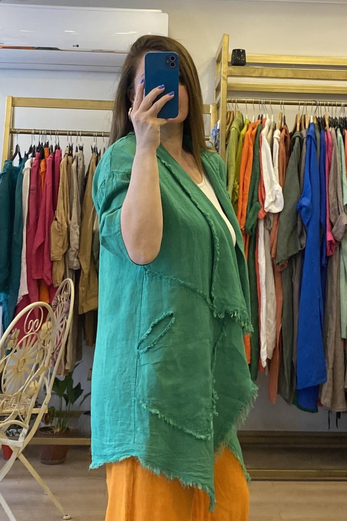 Püsküllü Keten Ceket Yeşil