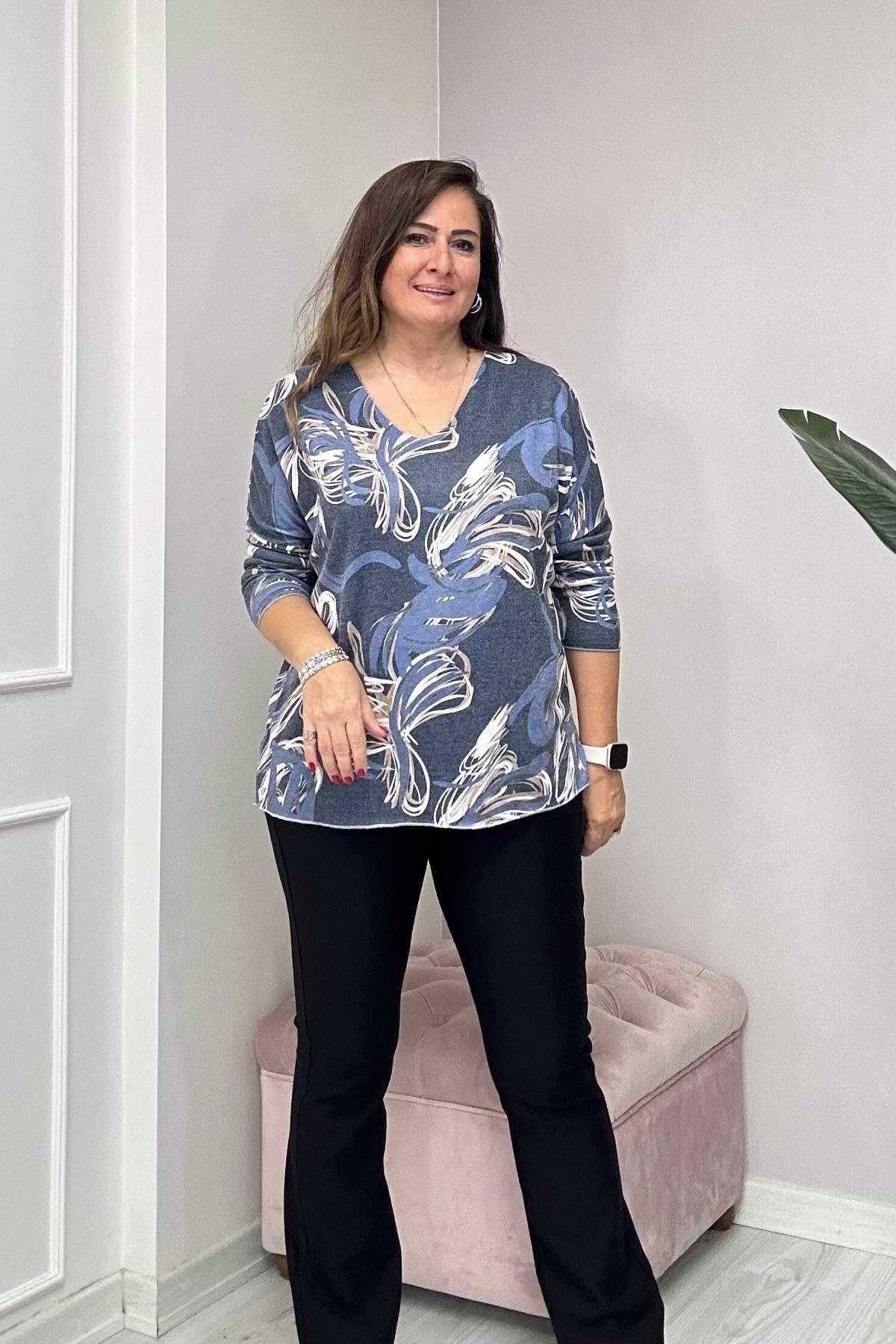 Rafya Desen Angora Triko İndigo
