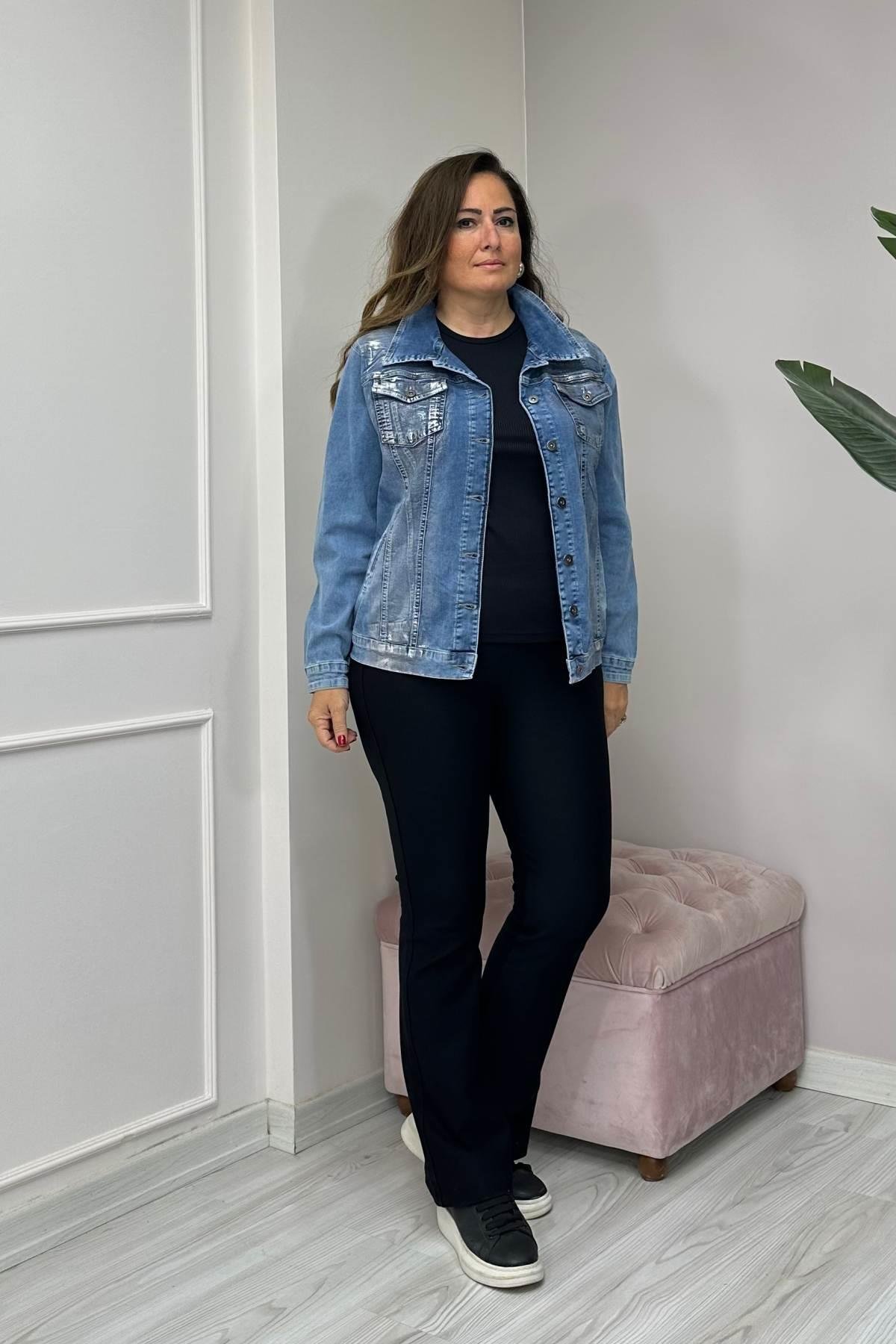 Renkli Taş Detaylı Kot Ceket Mavi