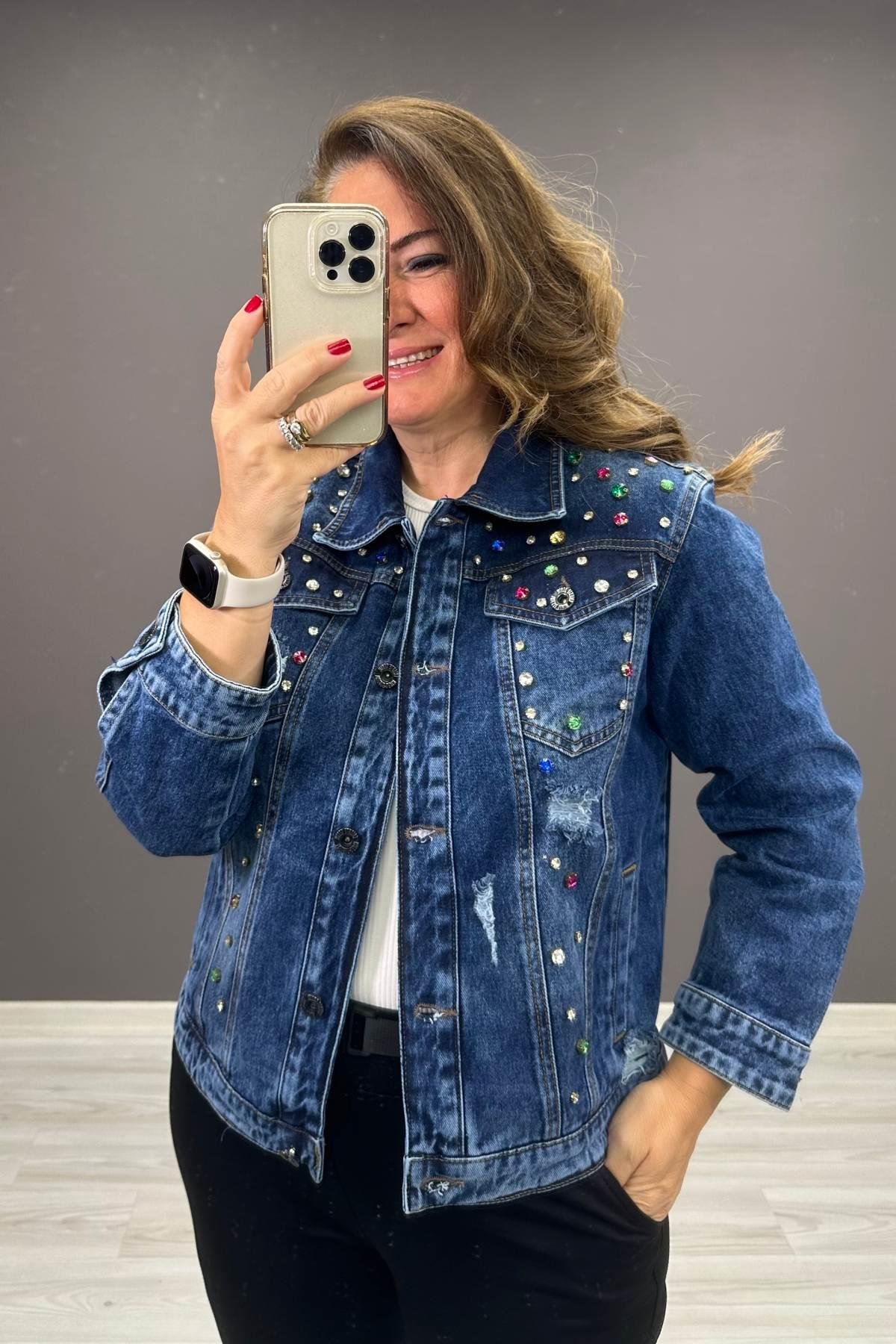 Renkli Taş Detaylı Kot Ceket Mavi