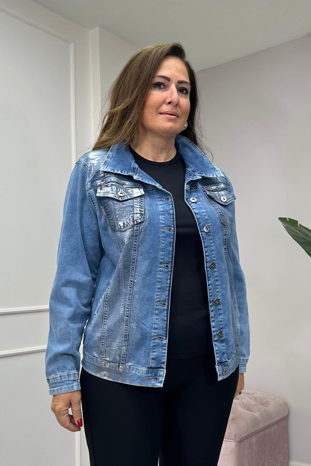 Renkli Taş Detaylı Kot Ceket Mavi