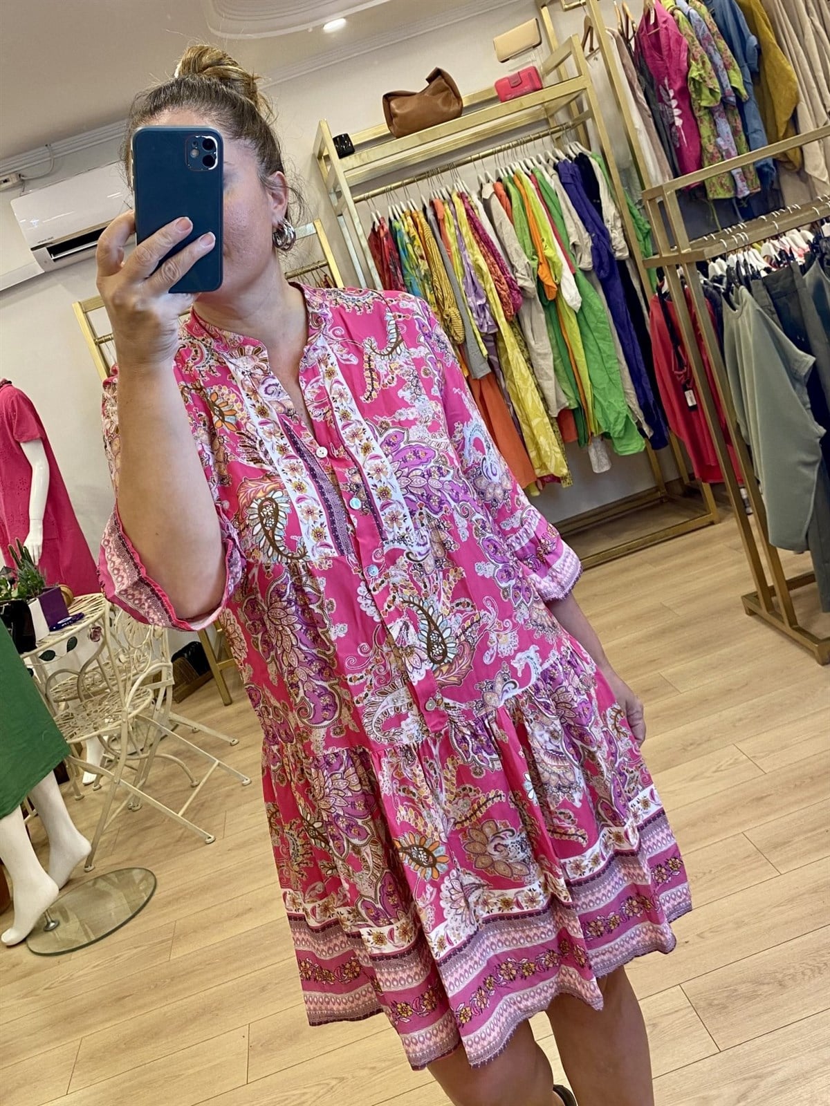 Şal Desenli Elbise Pembe