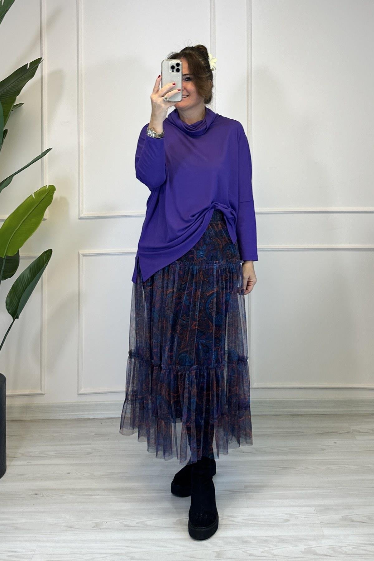 Şal Desenli Tül Etek Mor