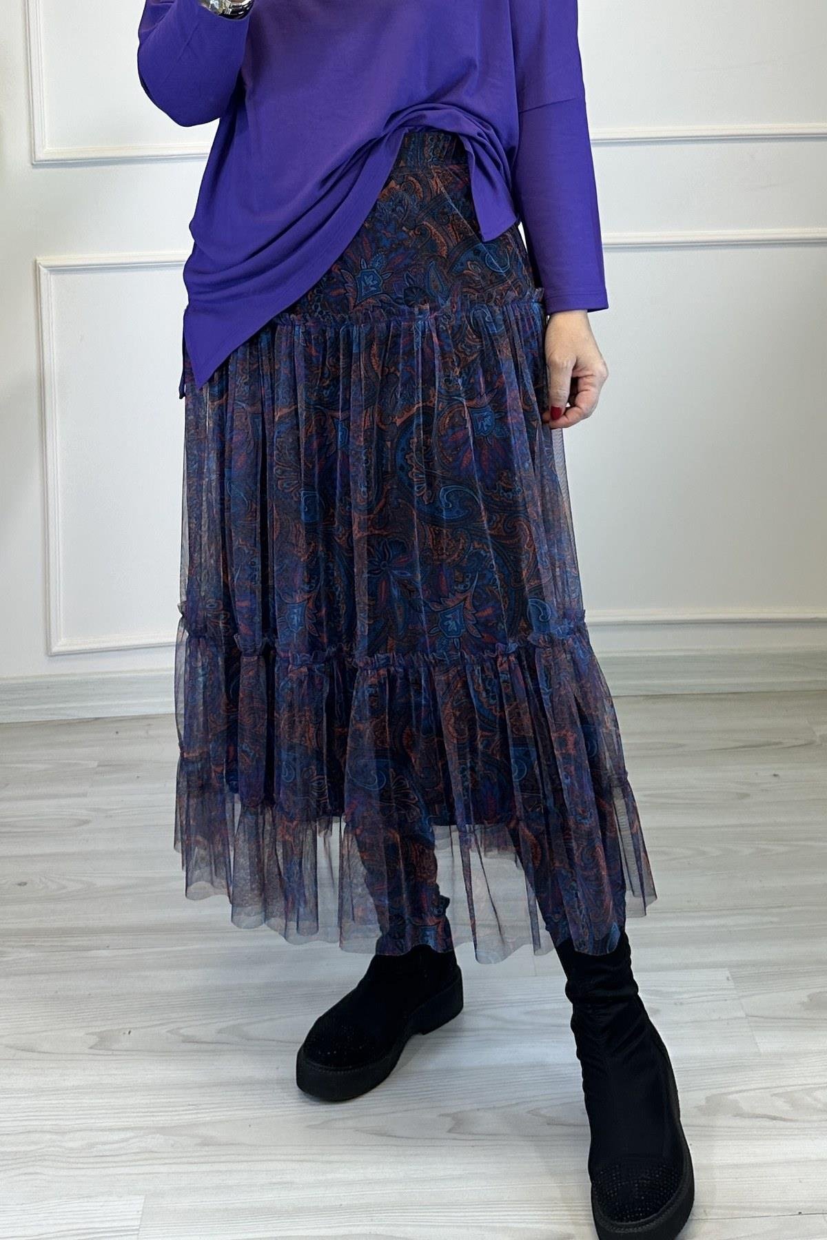 Şal Desenli Tül Etek Mor