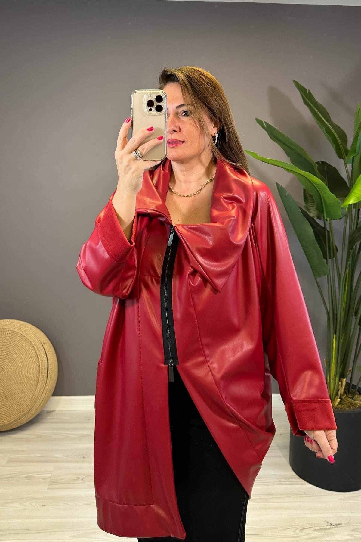 Şal Yaka Asimetrik Kesim Deri Ceket Kırmızı