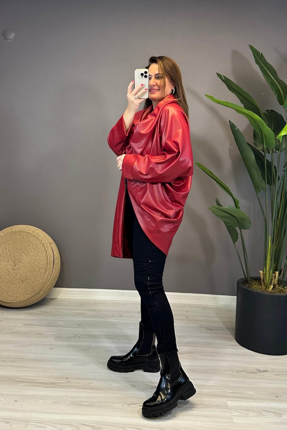 Şal Yaka Asimetrik Kesim Deri Ceket Kırmızı