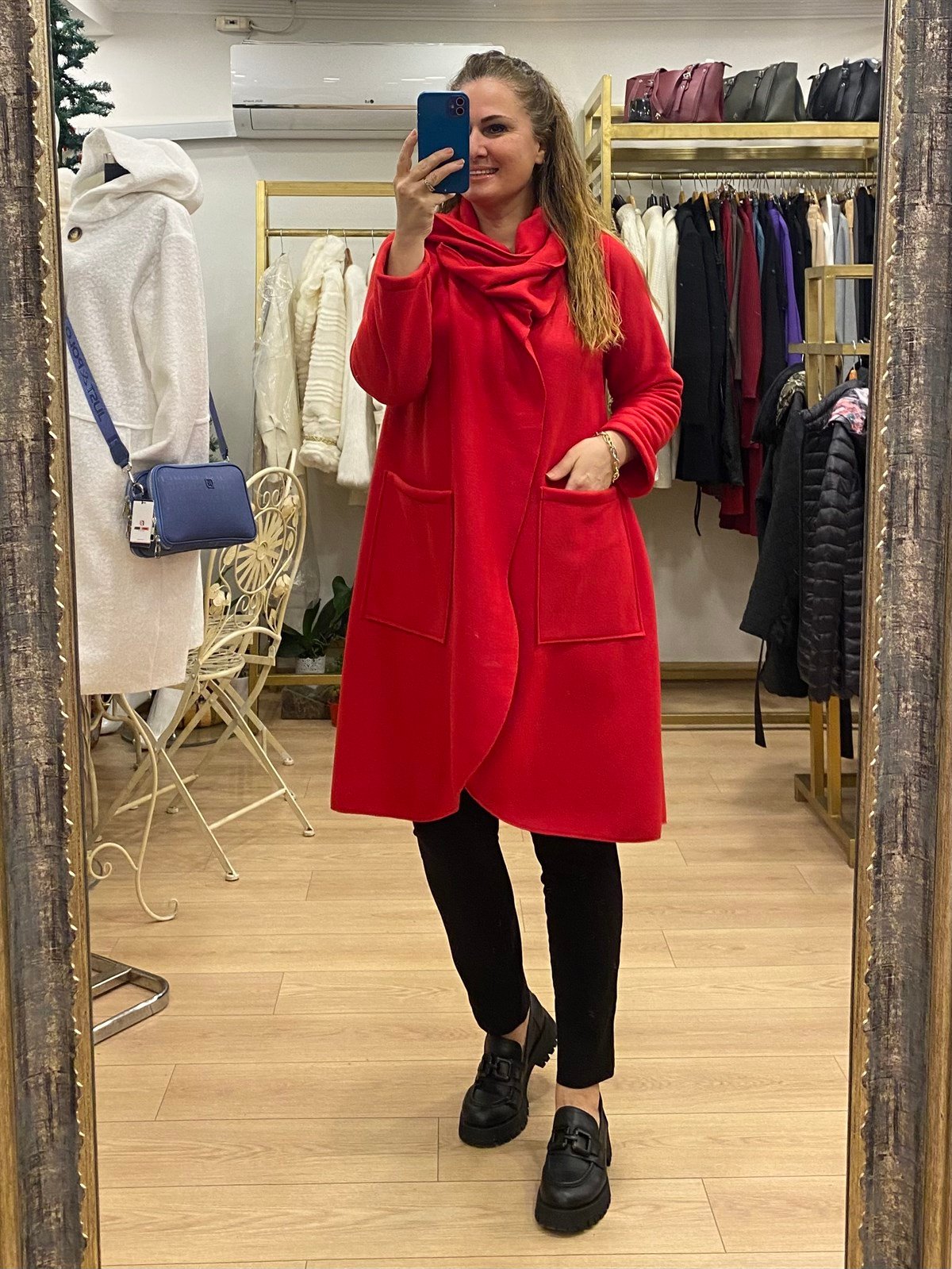 Şal Yaka Polar Ceket Kırmızı