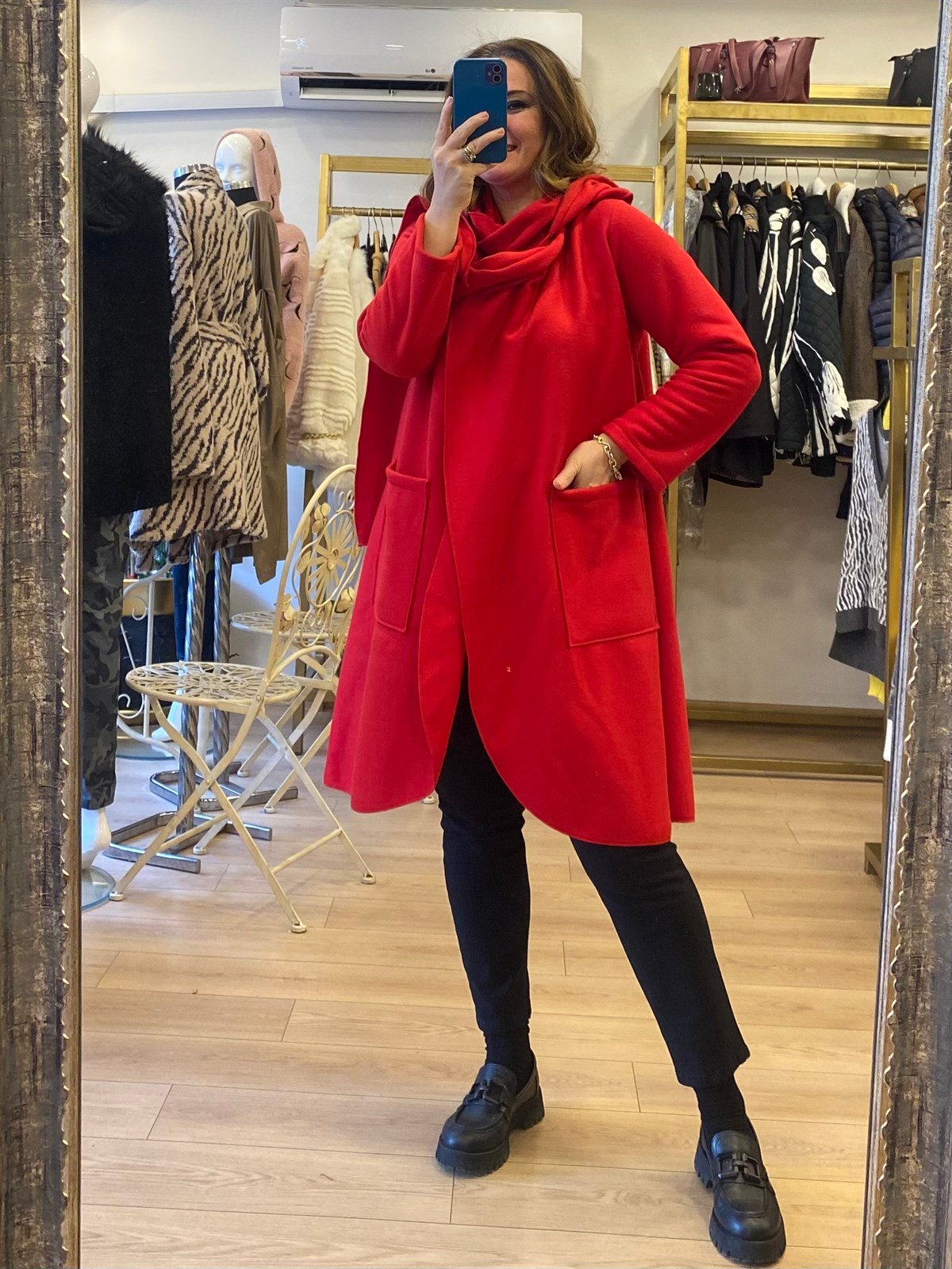 Şal Yaka Polar Ceket Kırmızı