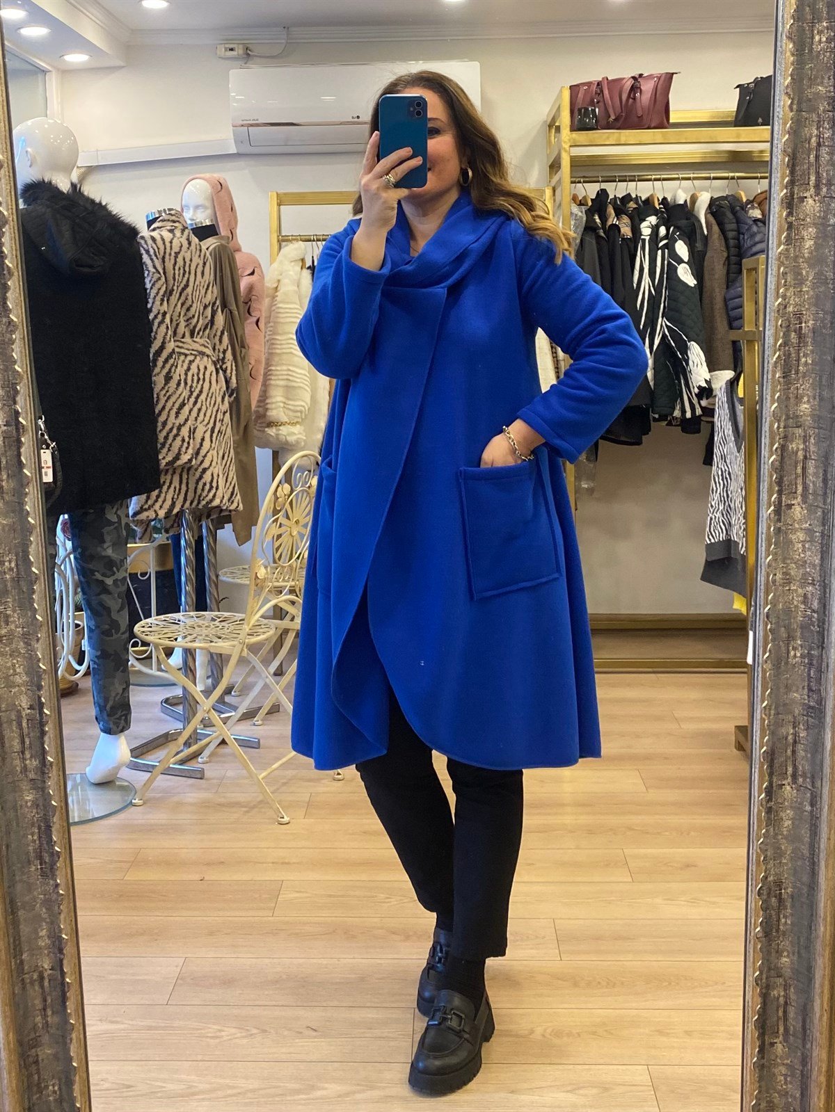 Şal Yaka Polar Ceket Saks Mavi