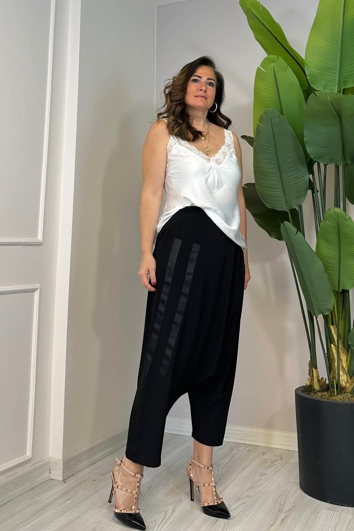 Şerit Detaylı Şalvar Pantolon Siyah