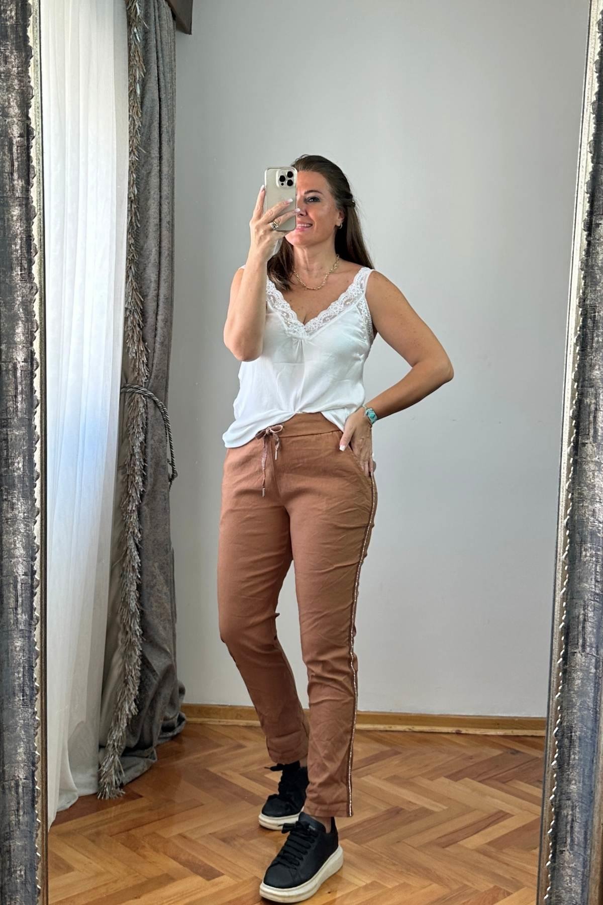 Şerit Taş İşlemeli Pantolon Kahve