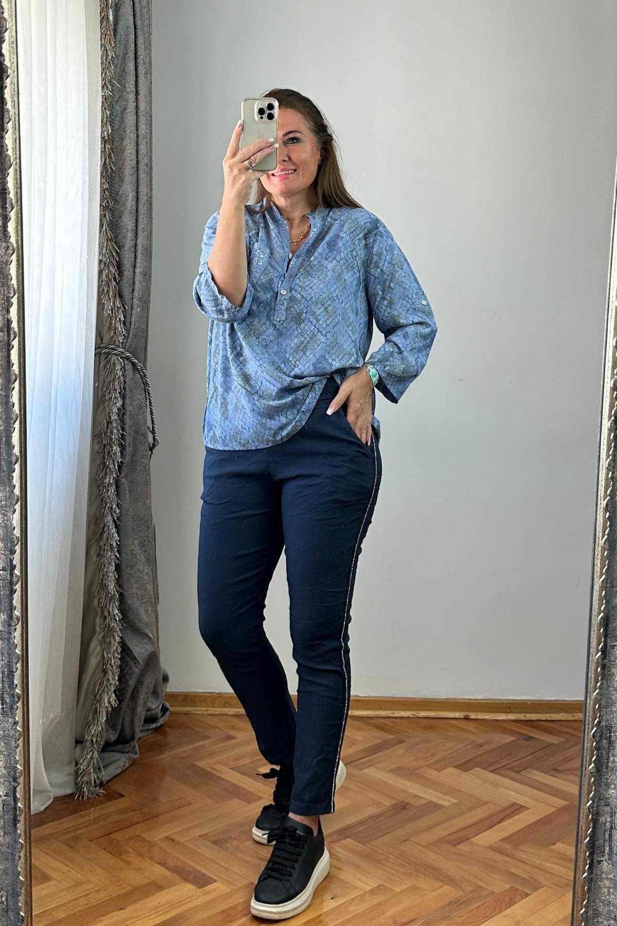 Şerit Taş İşlemeli Pantolon Lacivert