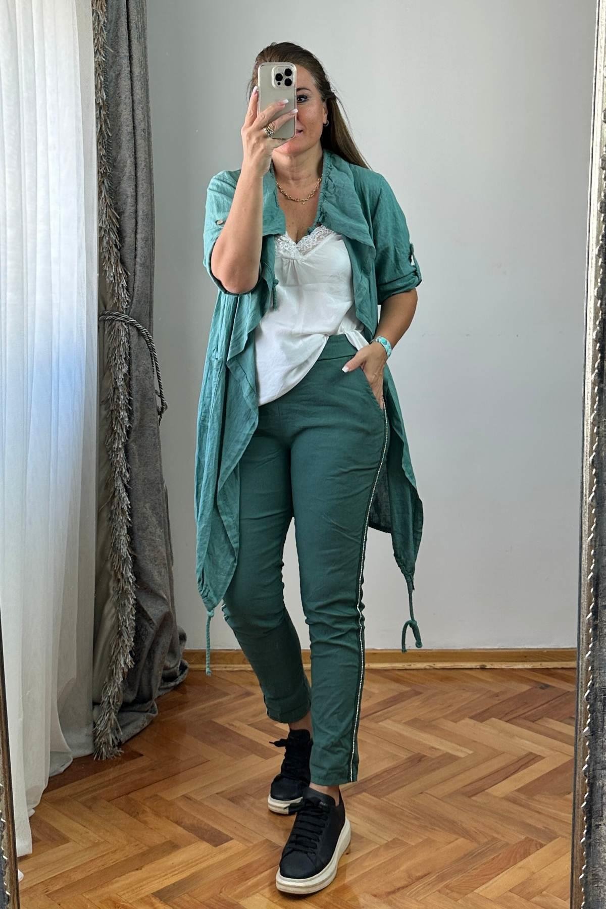 Şerit Taş İşlemeli Pantolon Yeşil