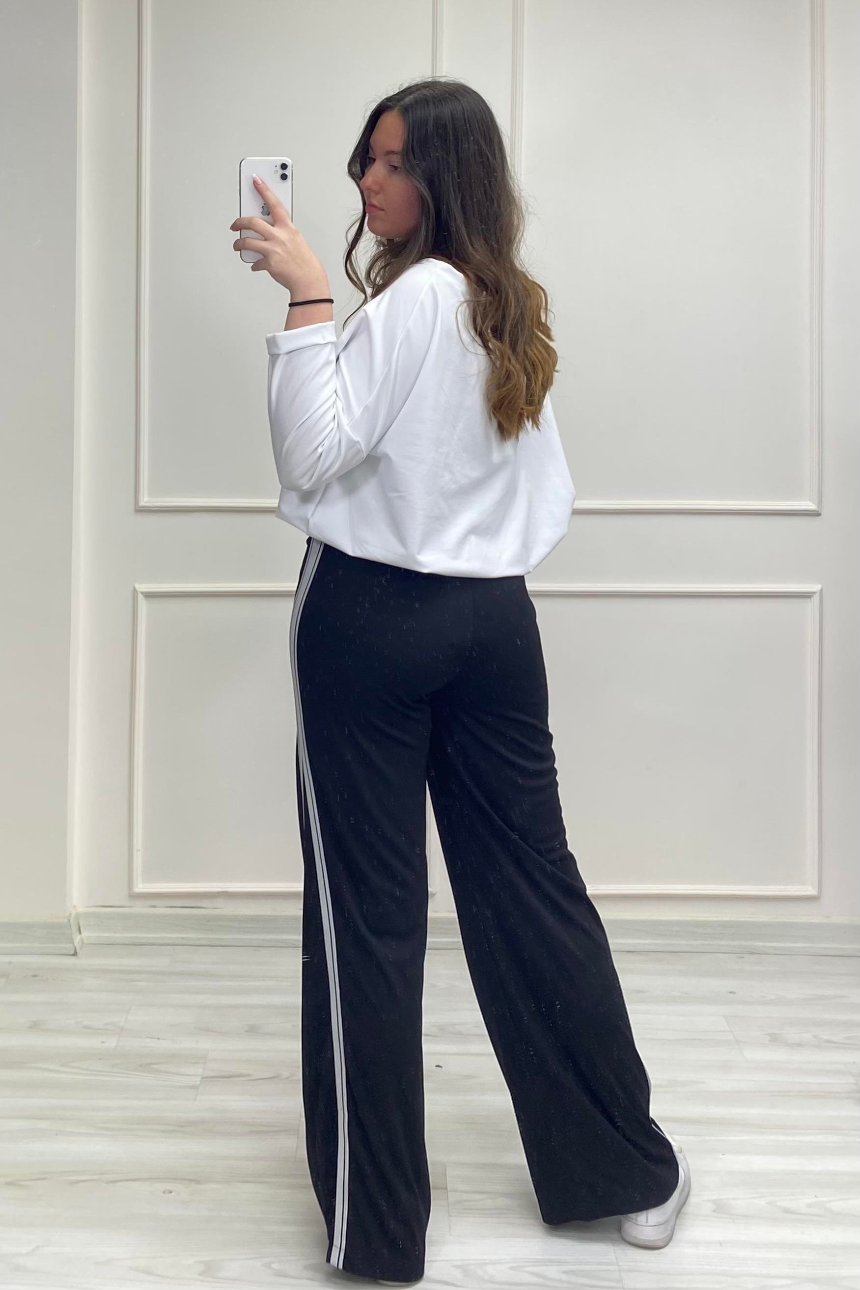 Şeritli Bol Paça Pantolon Siyah